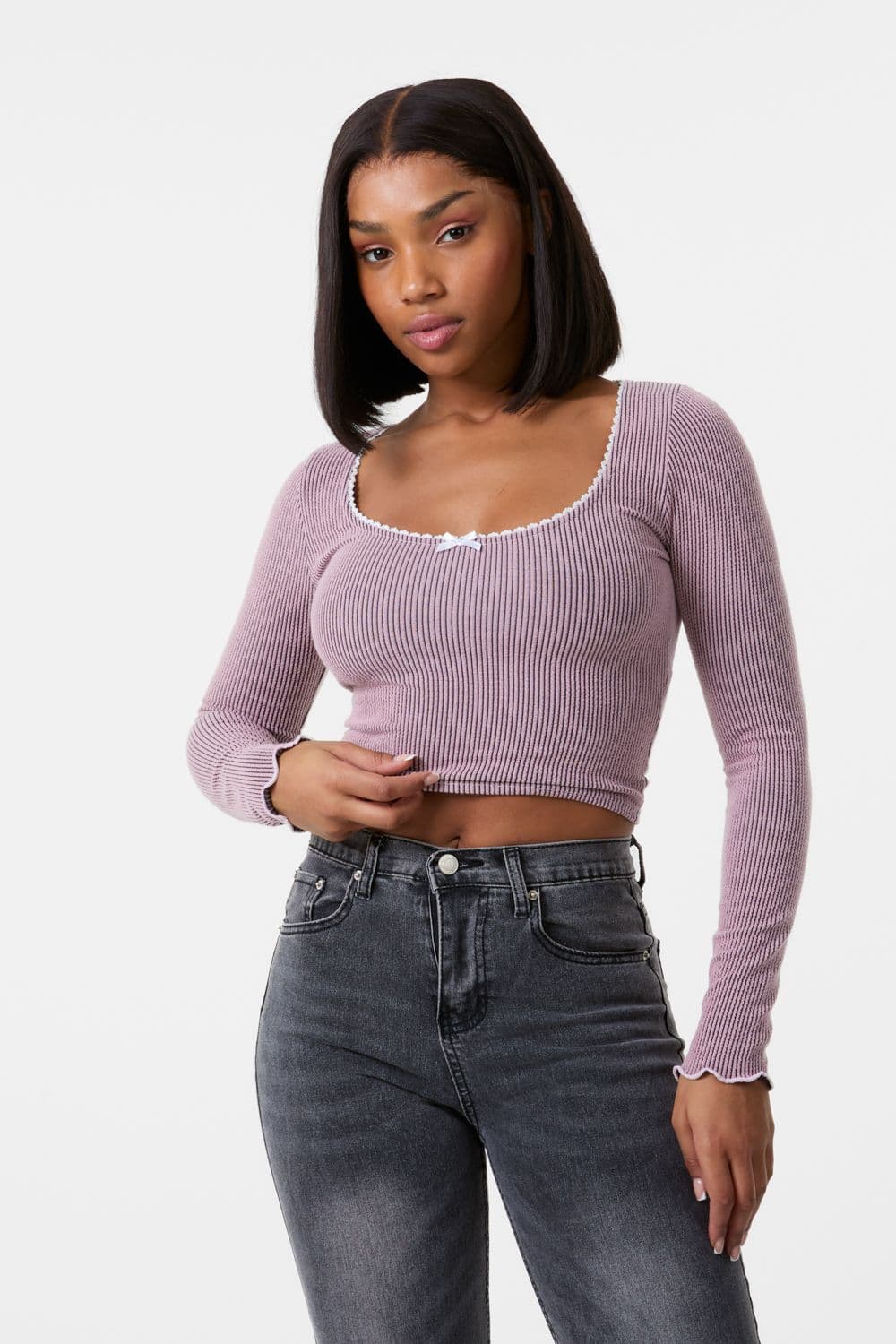 Pink Vanilla Women's Long Sleeve Rib Top with Bow in Pink