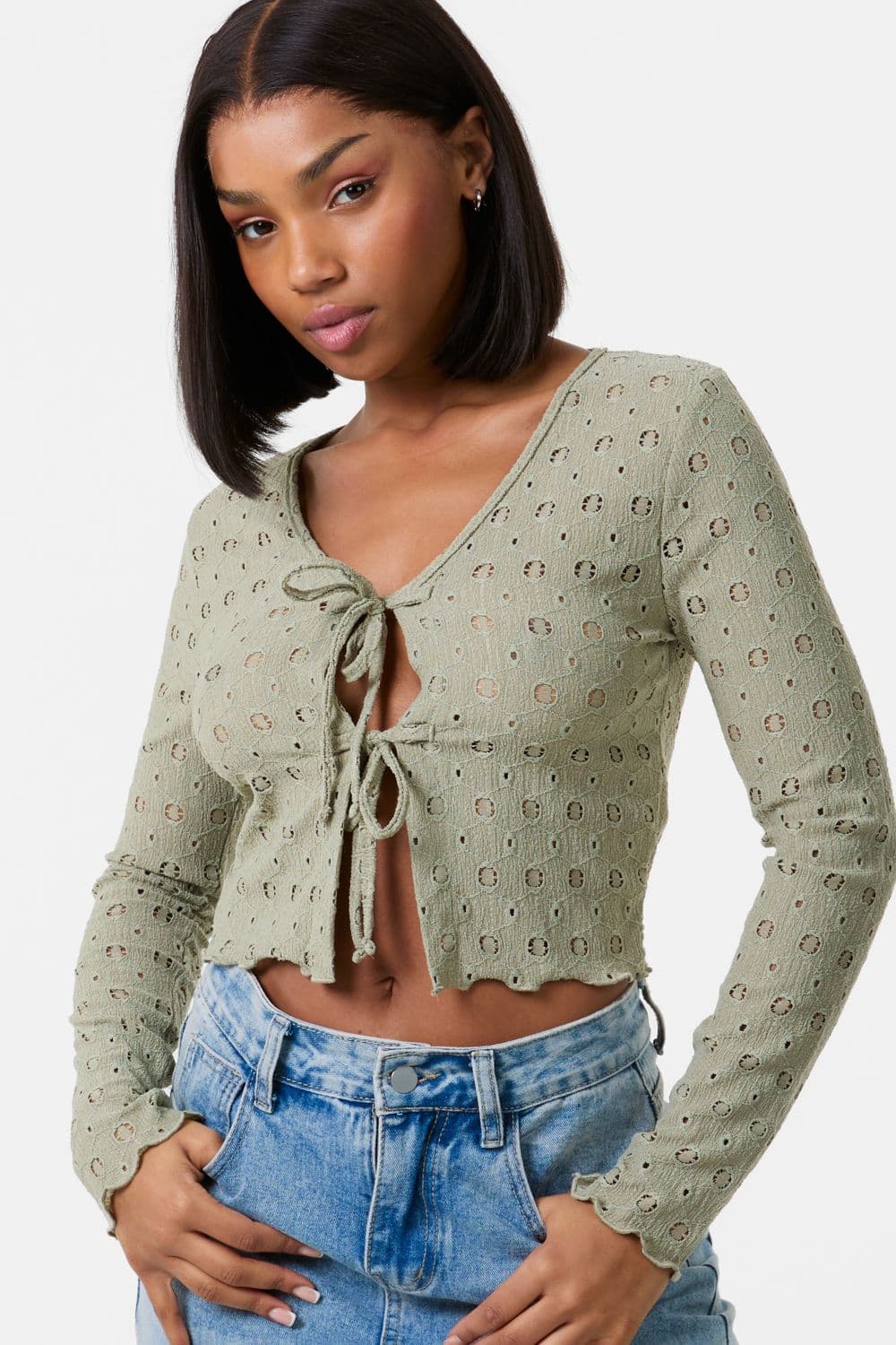 Pink Vanilla Women's Tie Front Cutwork Cardigan in Khaki