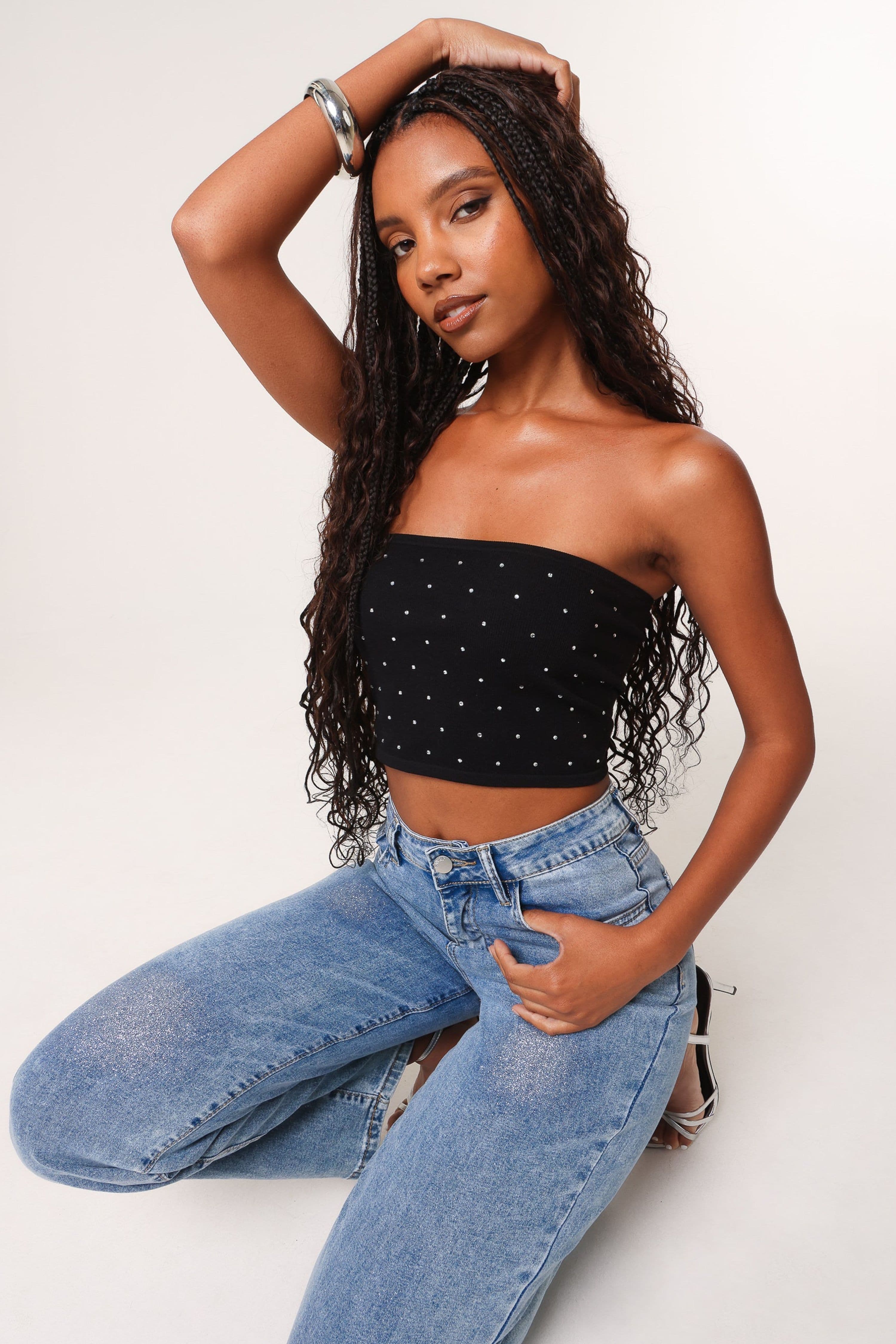 Pink Vanilla Women's Black Diamante Bandeau Crop Top