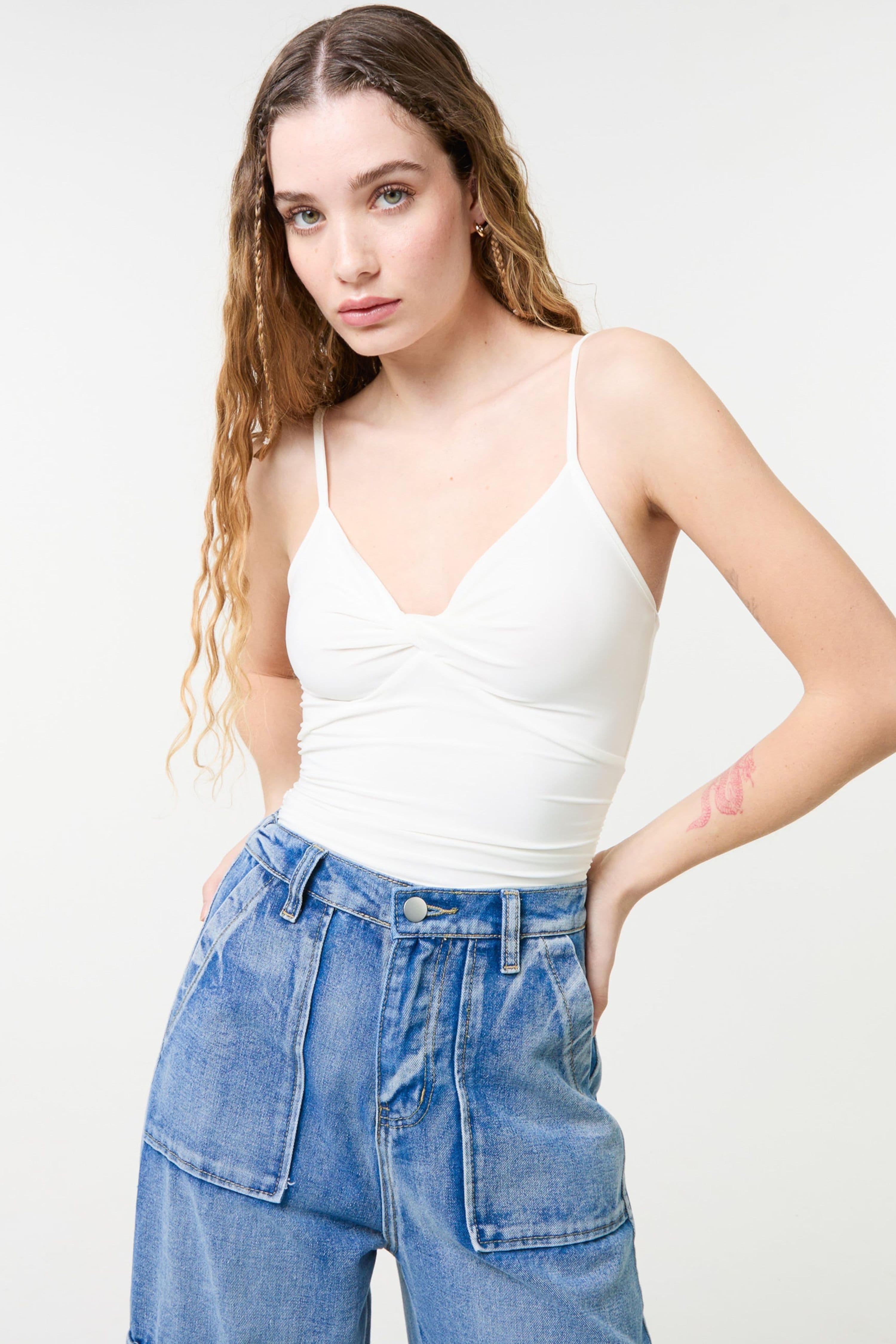Pink Vanilla Women's Ivory Slinky Twist Front Bodysuit