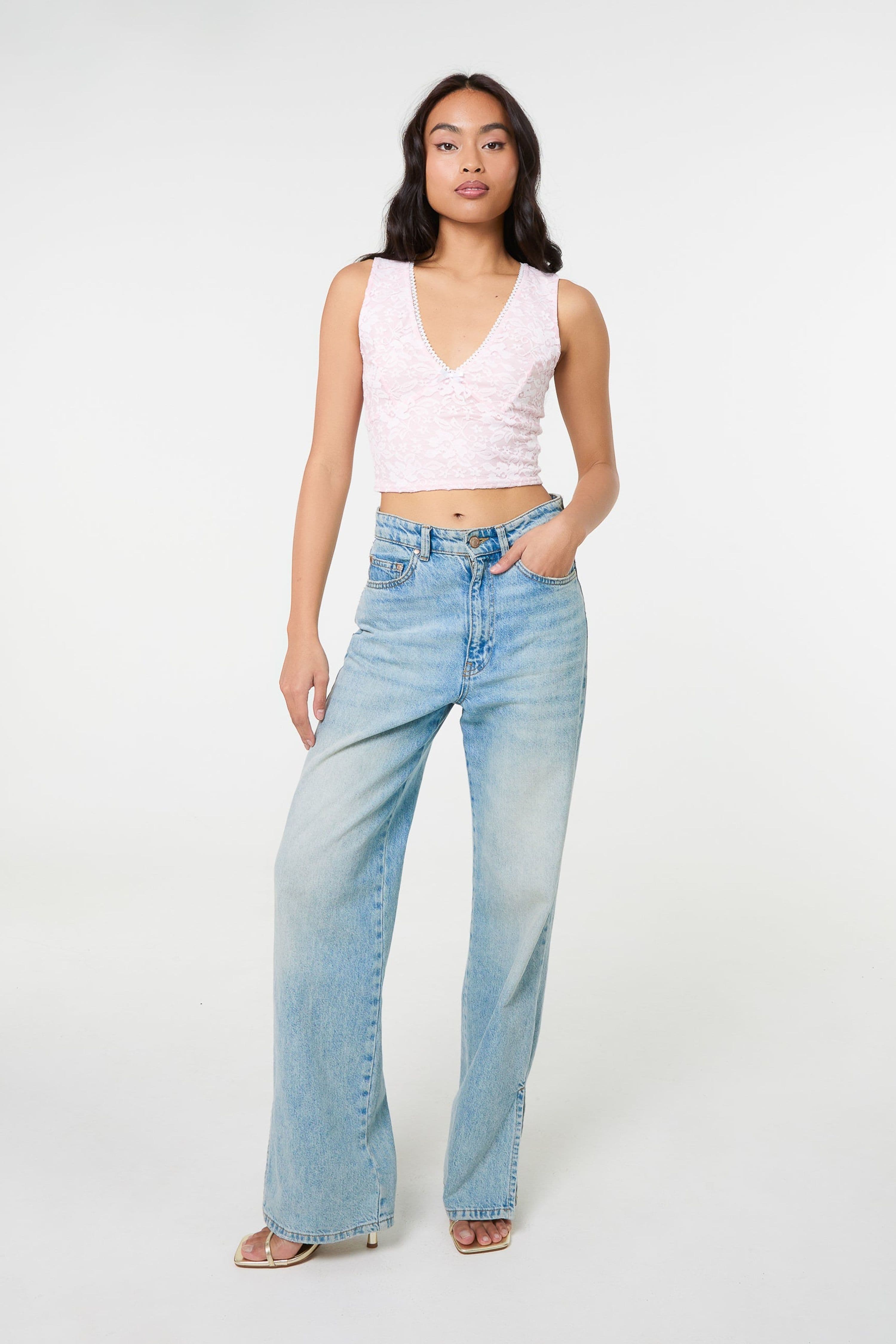 Pink Vanilla Women's Pink V Neck Lace Crop Top