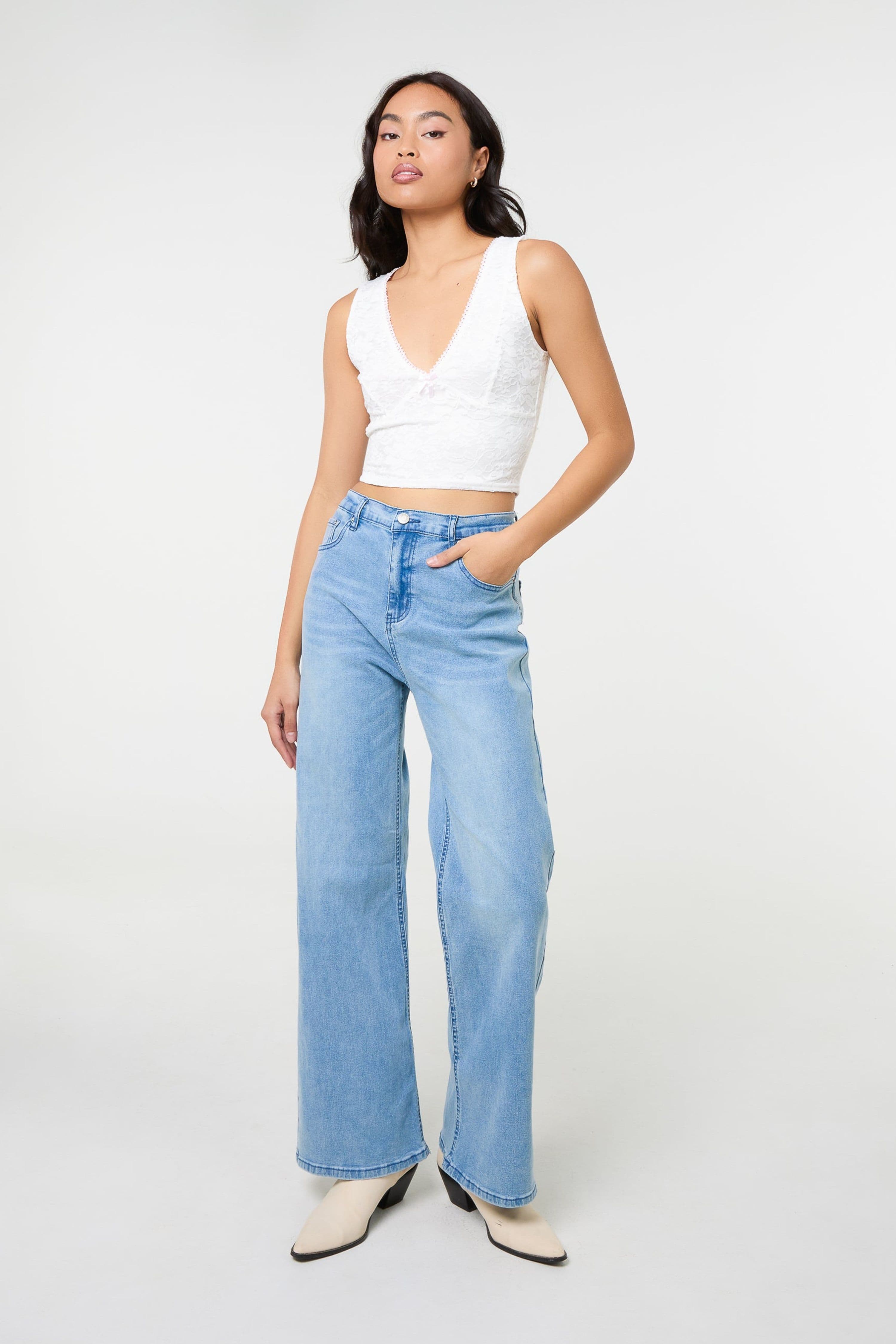 Pink Vanilla Women's Ivory V Neck Lace Crop Top