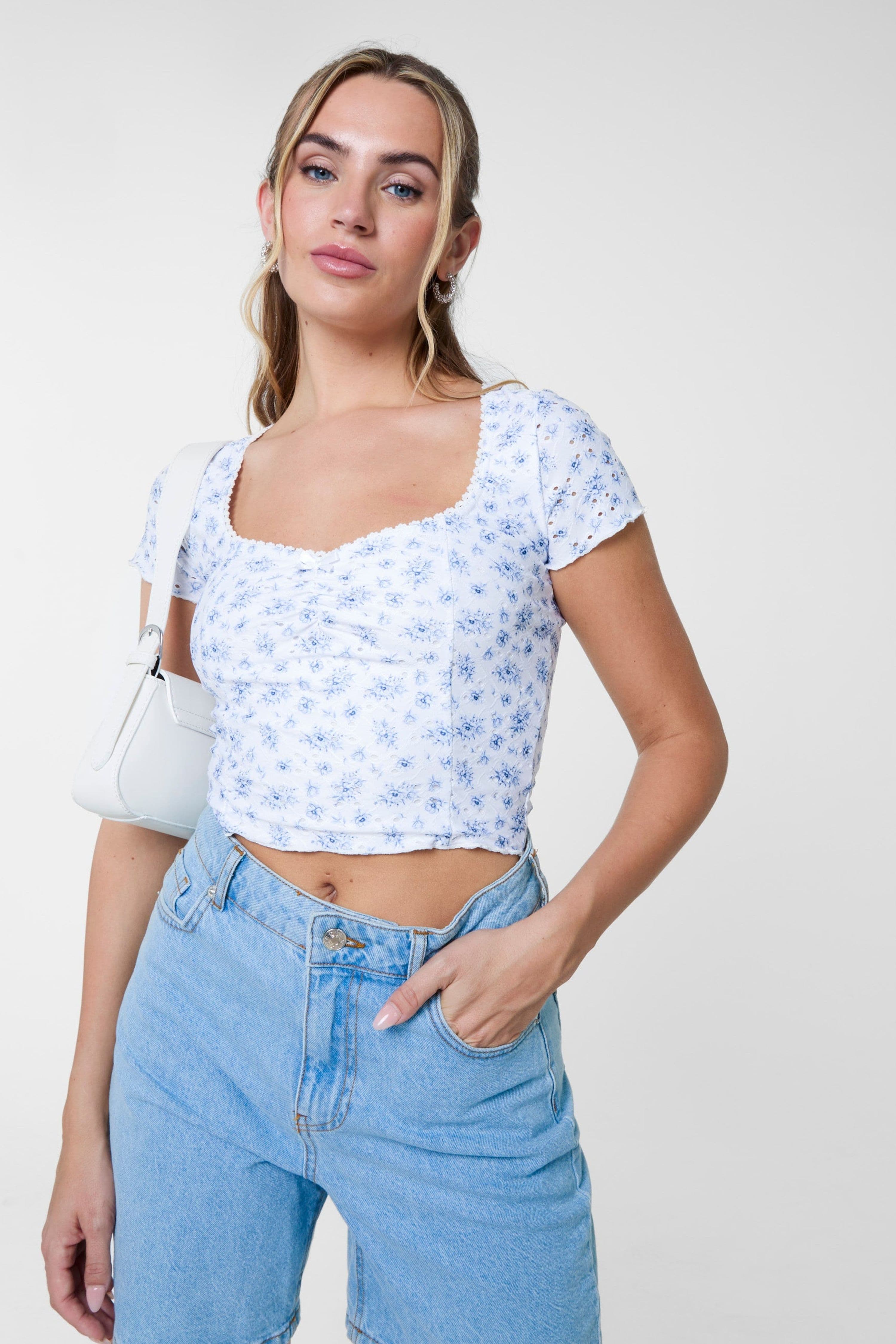 Pink Vanilla Women's White Broderie Ditsy Crop Top