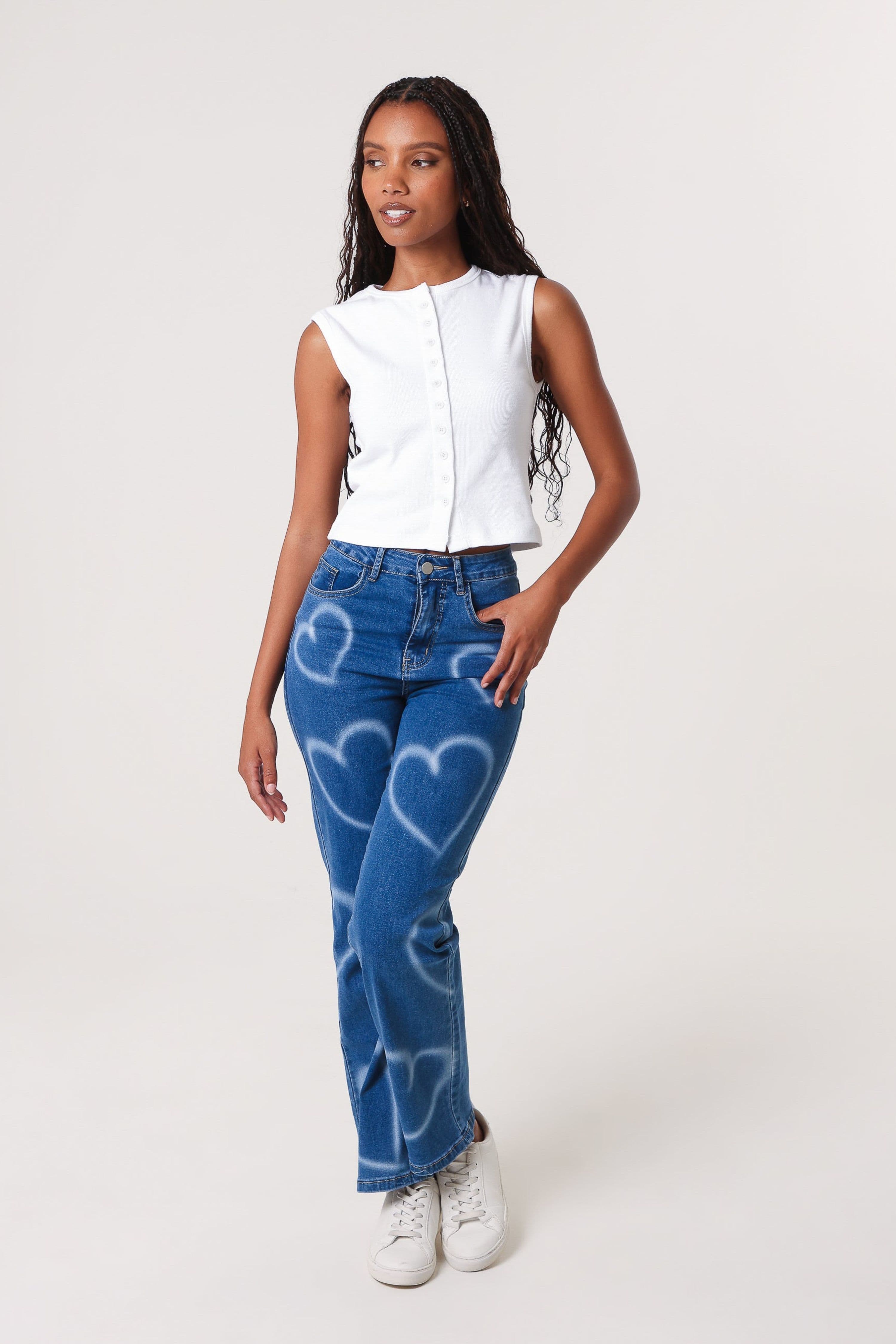 Pink Vanilla Women's Dark Blue Spray Heart Detail Jeans