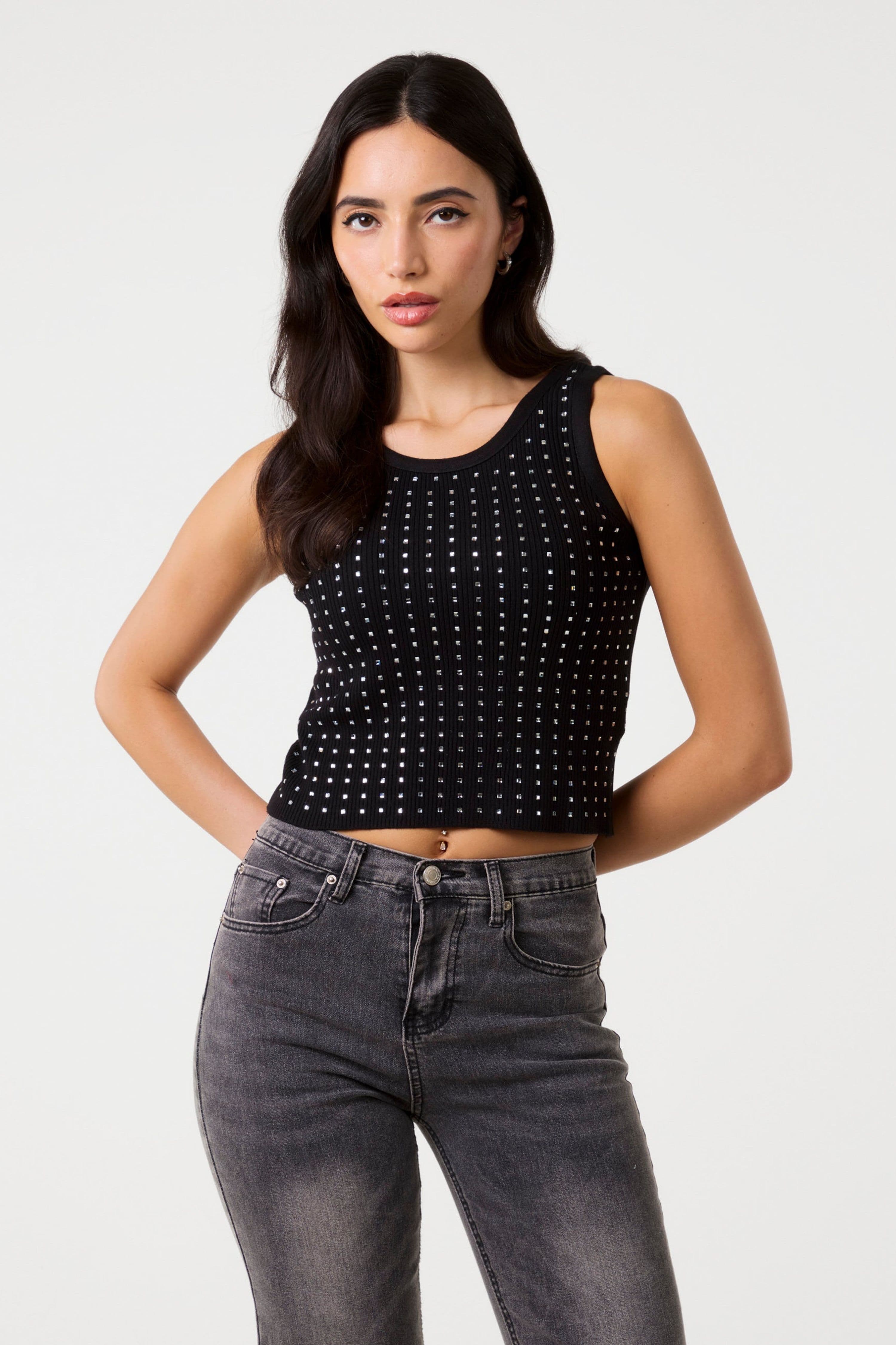 Pink Vanilla Women's Black Diamante Ribbed Vest