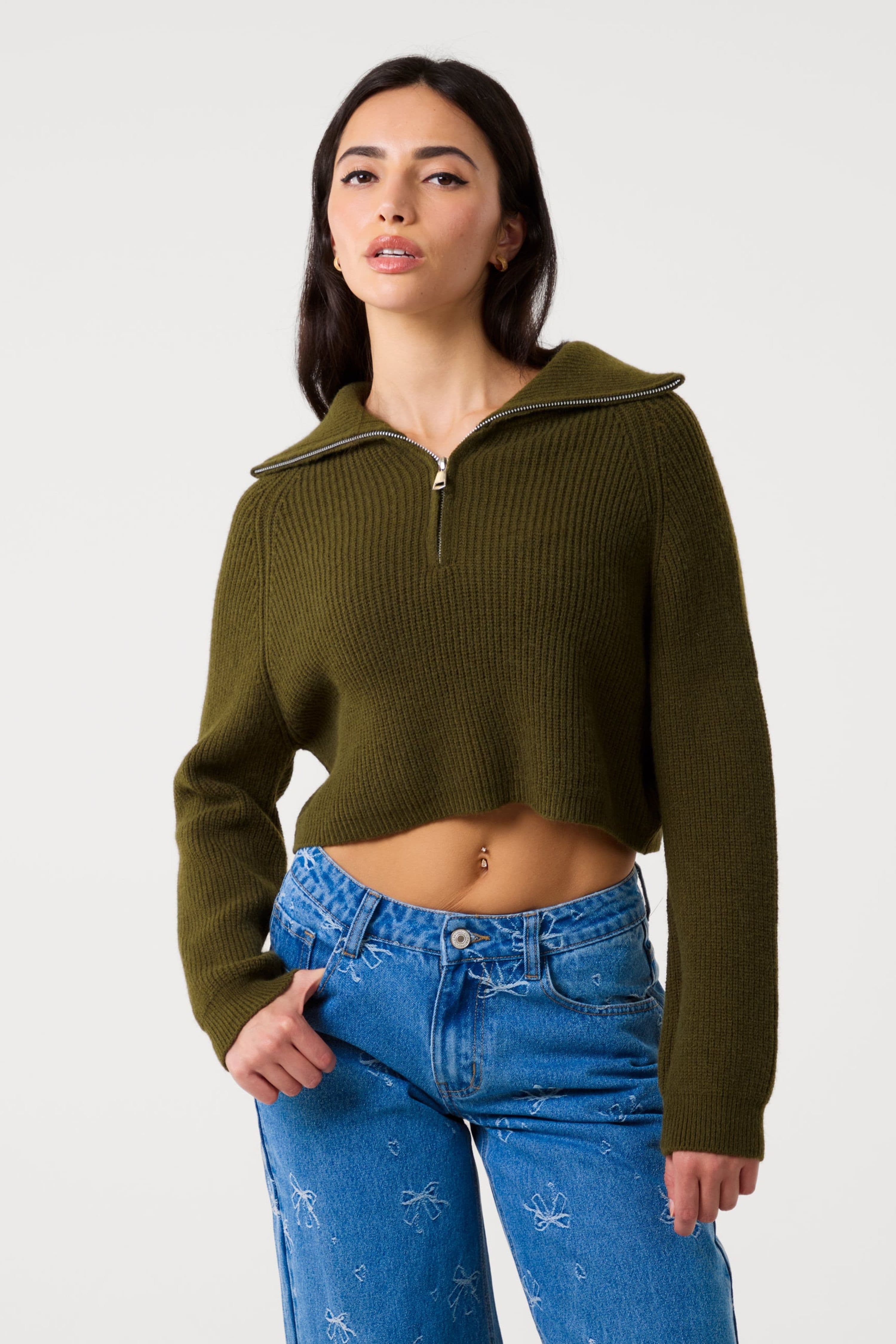 Pink Vanilla Women's Khaki Half Zip Knitted Jumper