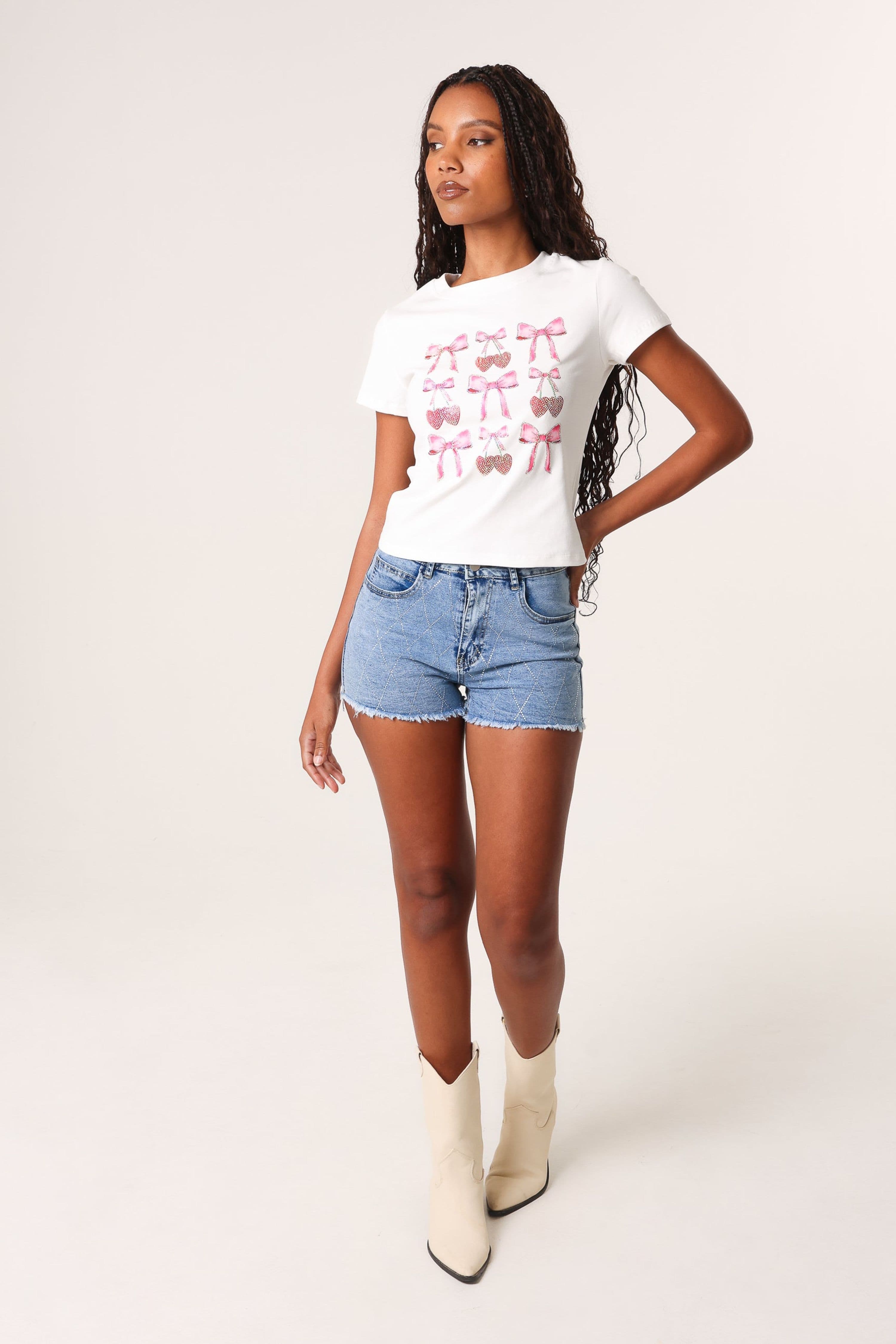Pink Vanilla Women's Ivory Diamante Bow T-shirt