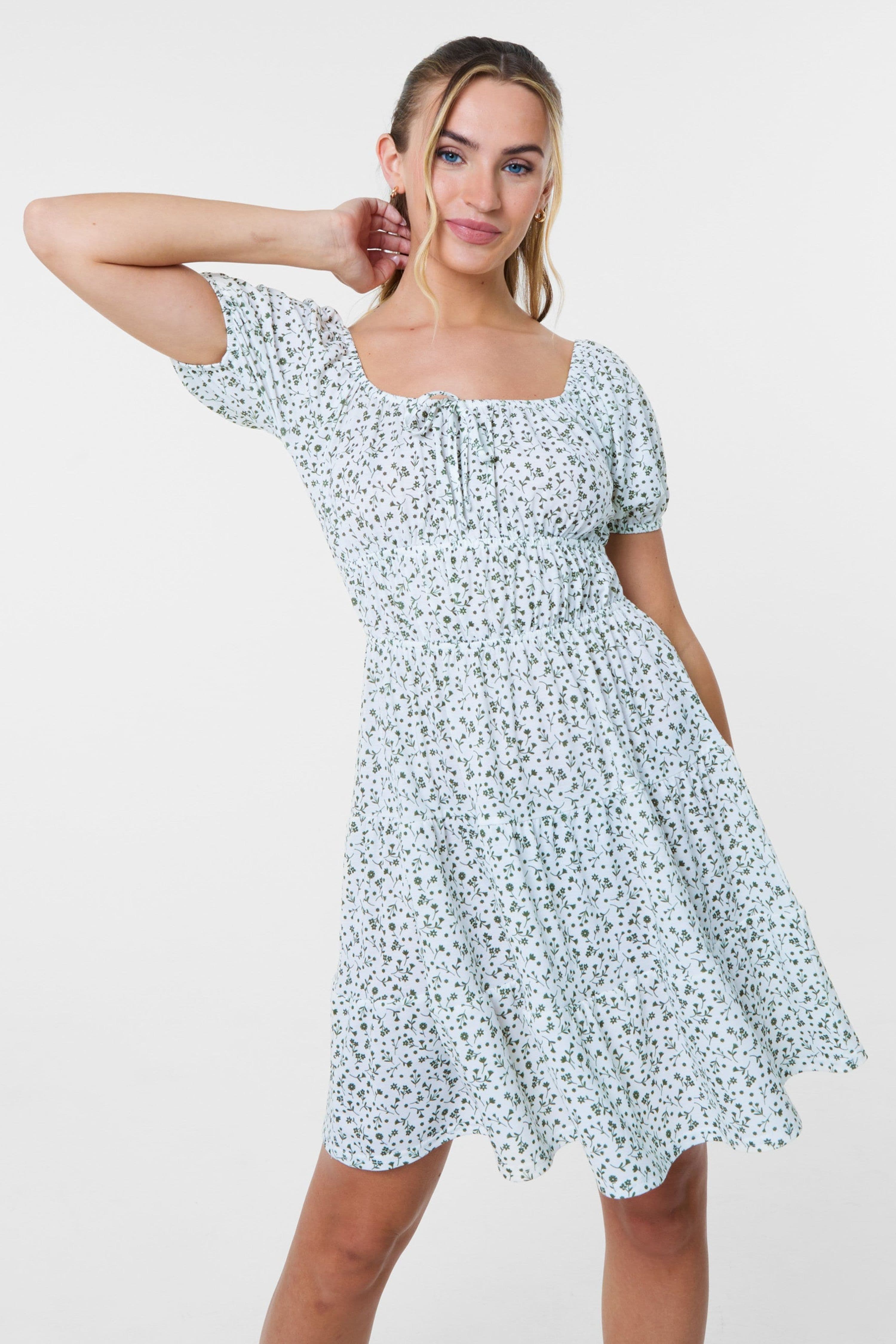 Pink Vanilla Women's Khaki Ditsy Puff Sleeve Tiered Mini Dress