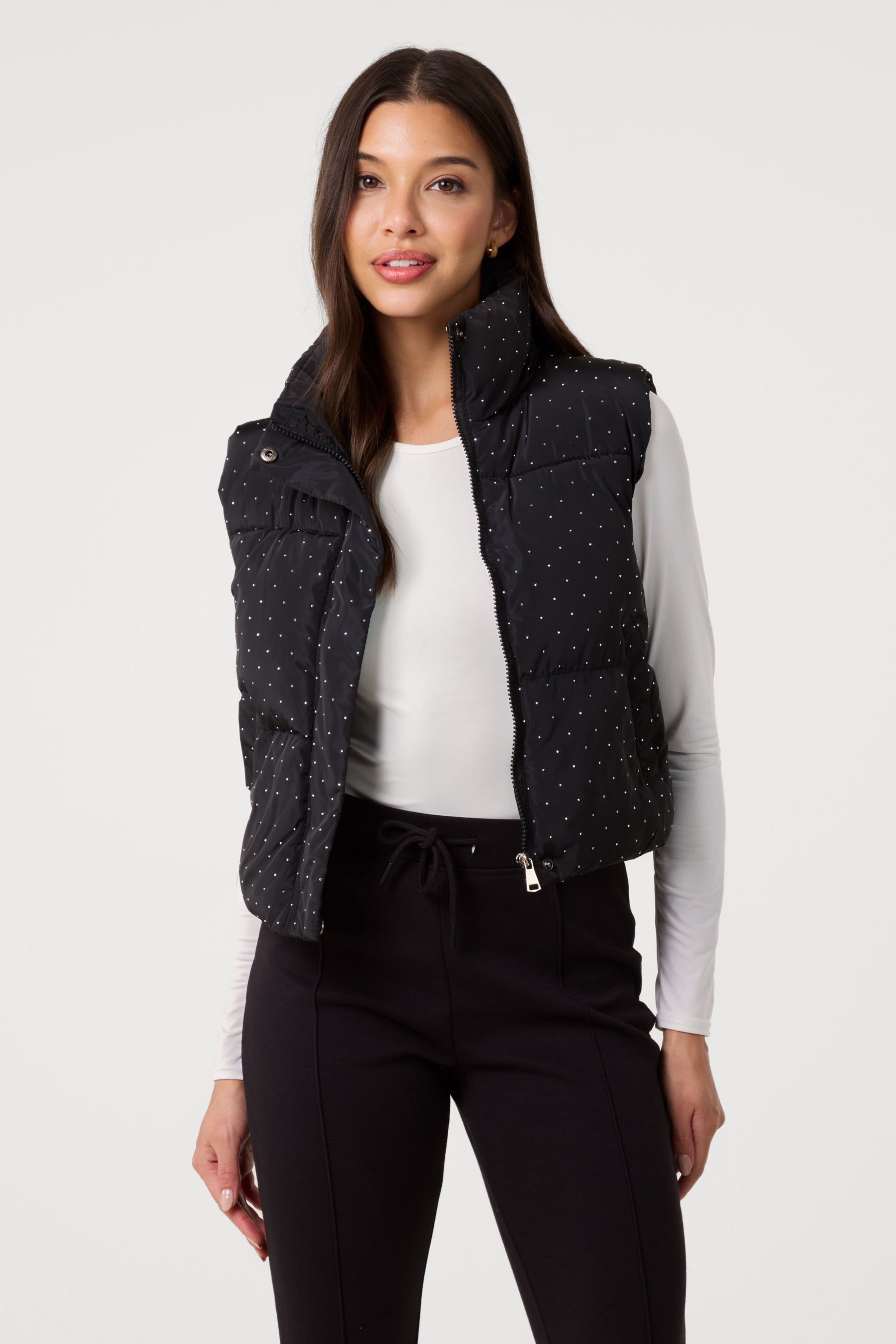 Pink Vanilla Women's Black Diamante Puffer Gilet