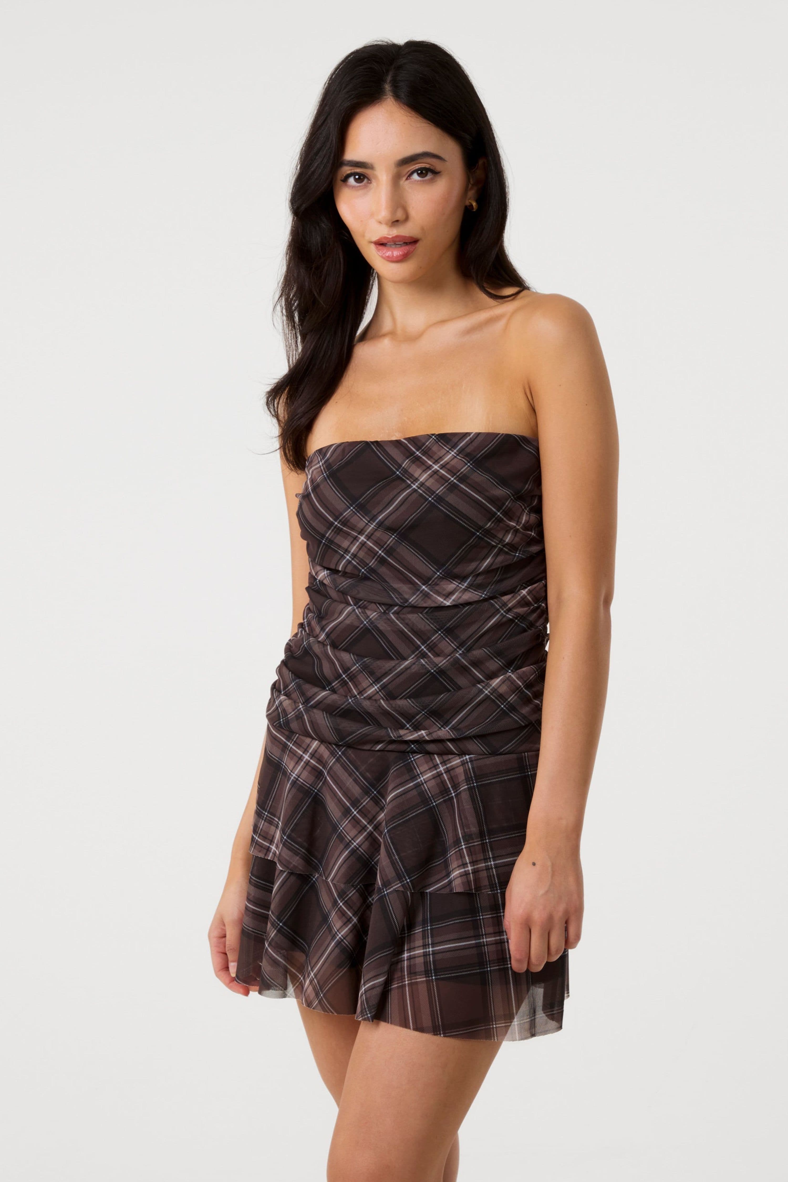 Pink Vanilla Women's Brown Check Bandeau Ruffle Mini Dress