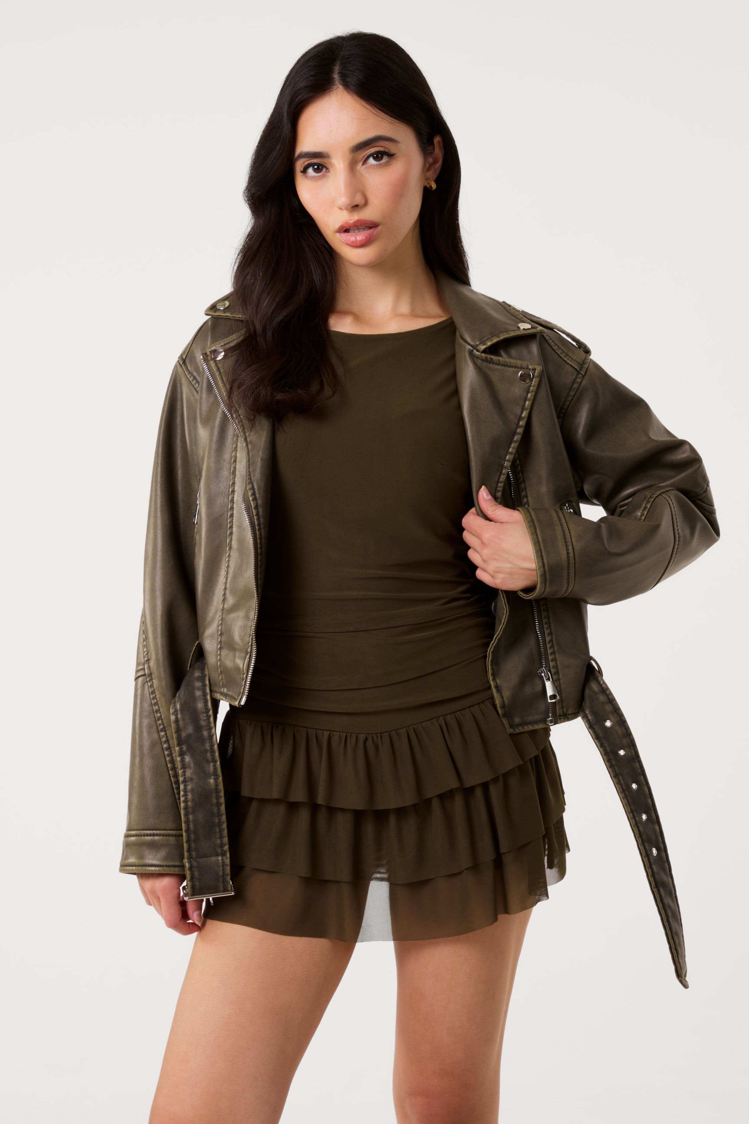 Pink Vanilla Women's Khaki Crew Neck Tiered Mini Dress With Shorts
