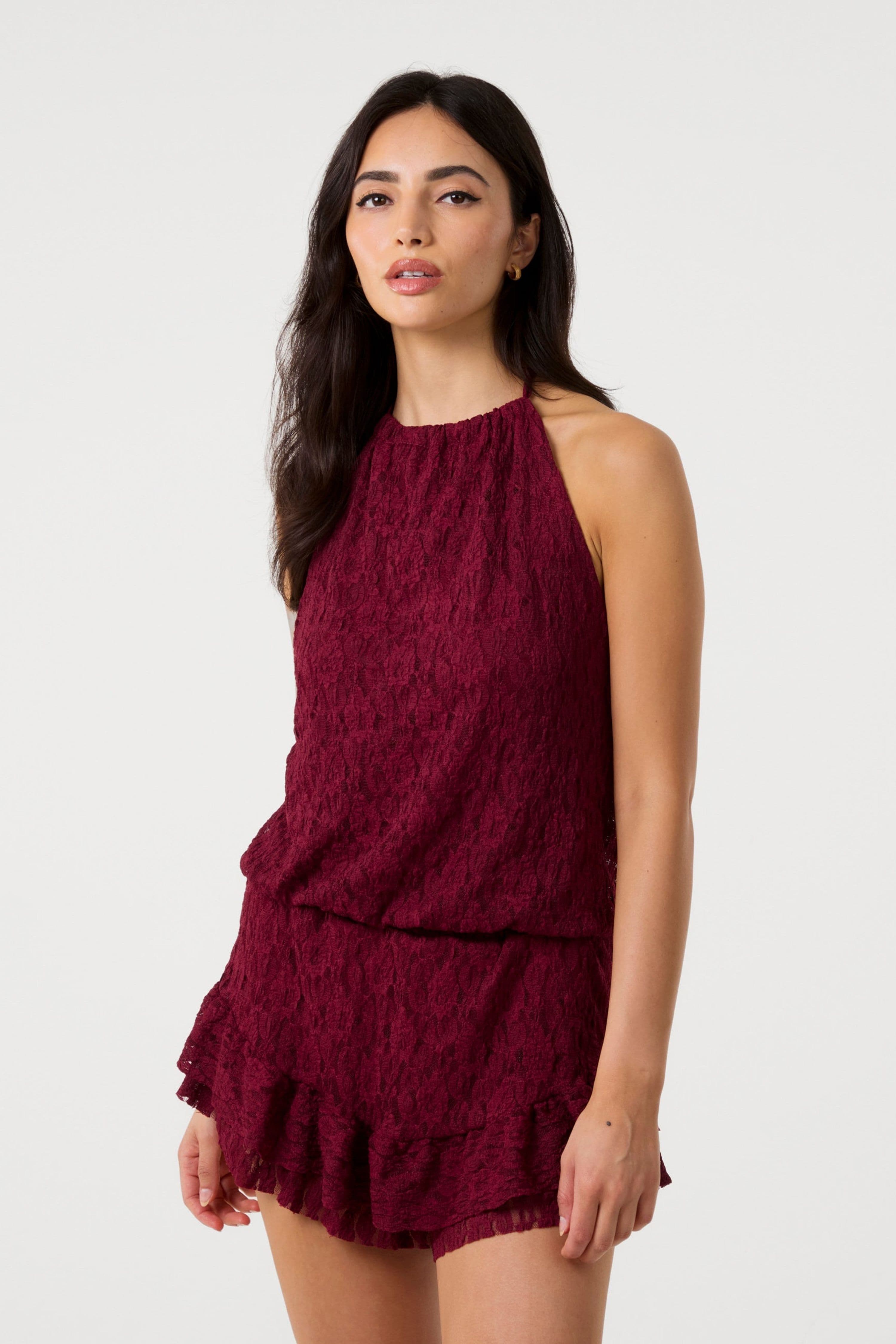 Pink Vanilla Women's Wine Lace Halterneck Top