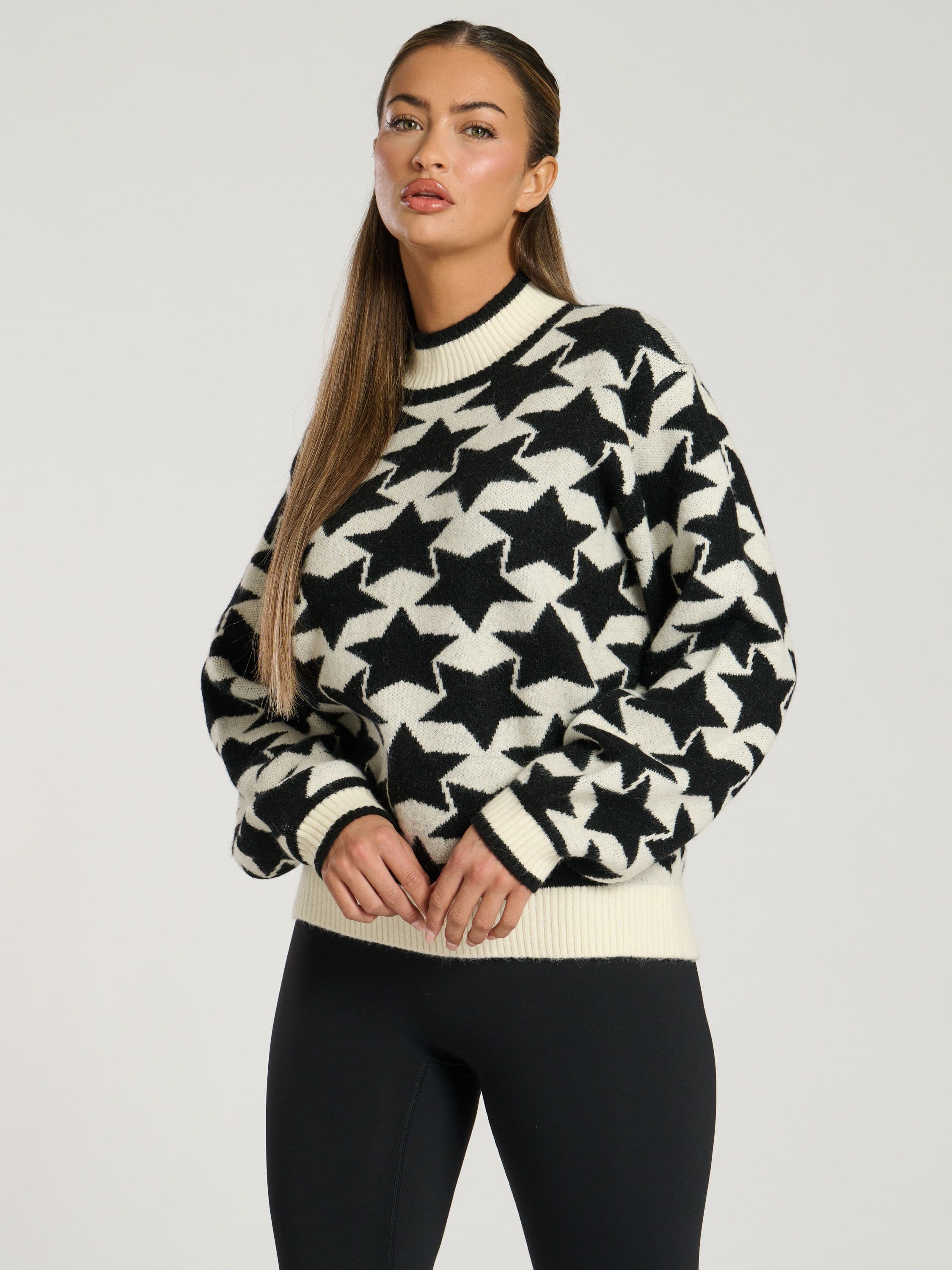 South Beach Women's Funnel Neck Star Knit Jumper in Black