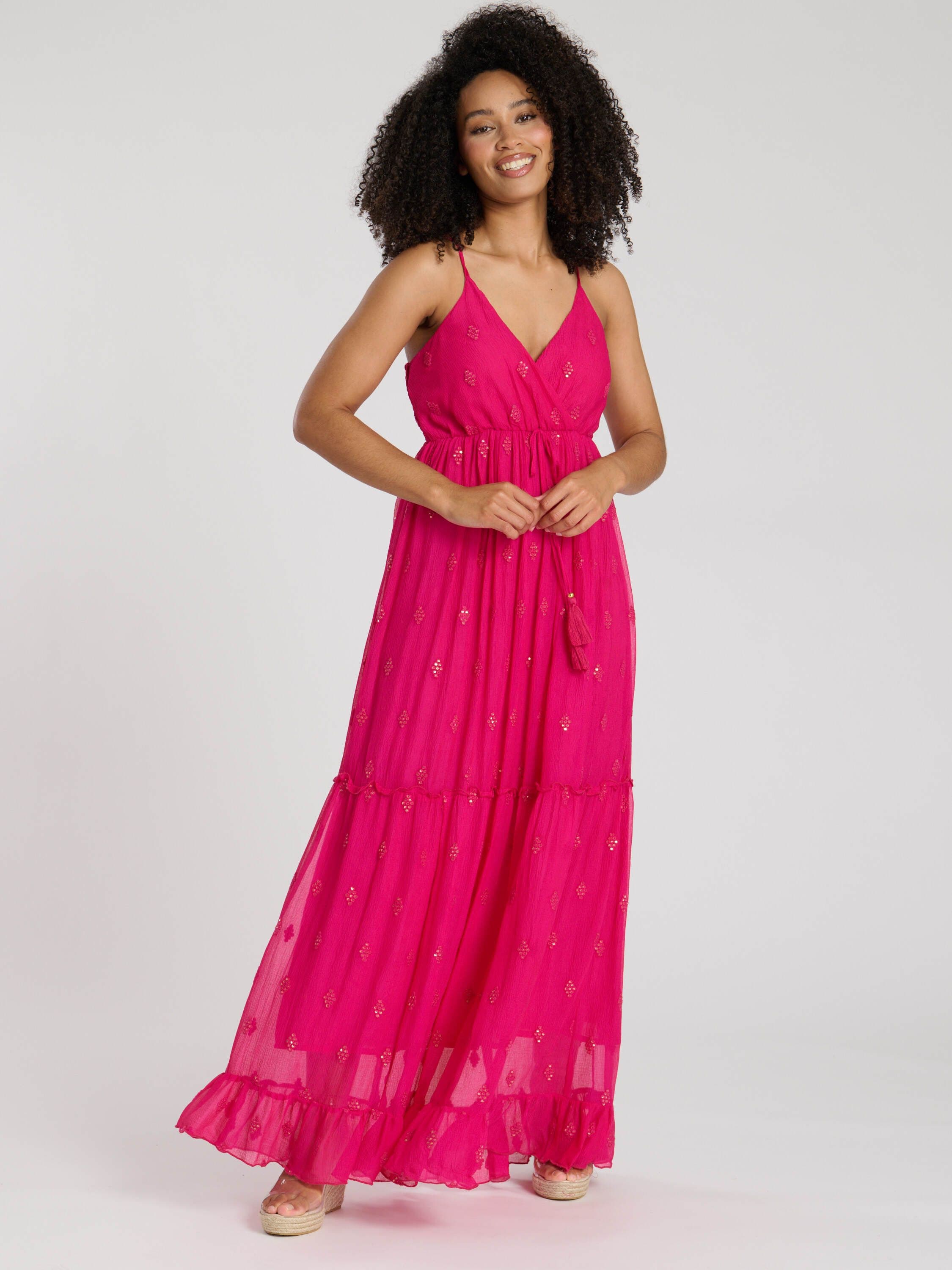 South Beach Women's Summer Dresses SEQUIN DETAIL CAMI V NECK MAXI DRESS in Pink