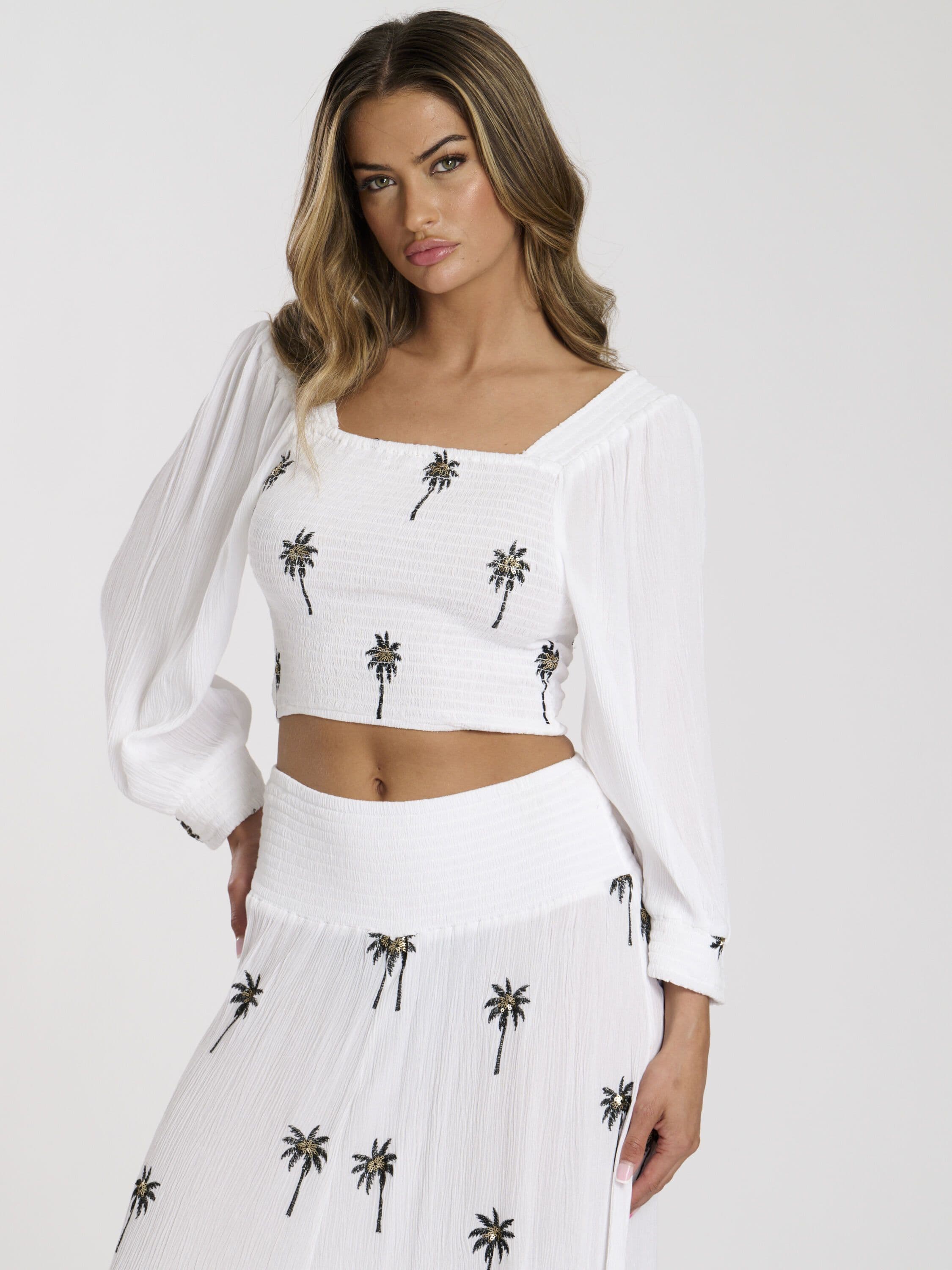 South Beach Women's Embroidered Shirred Long sleeve Top in White