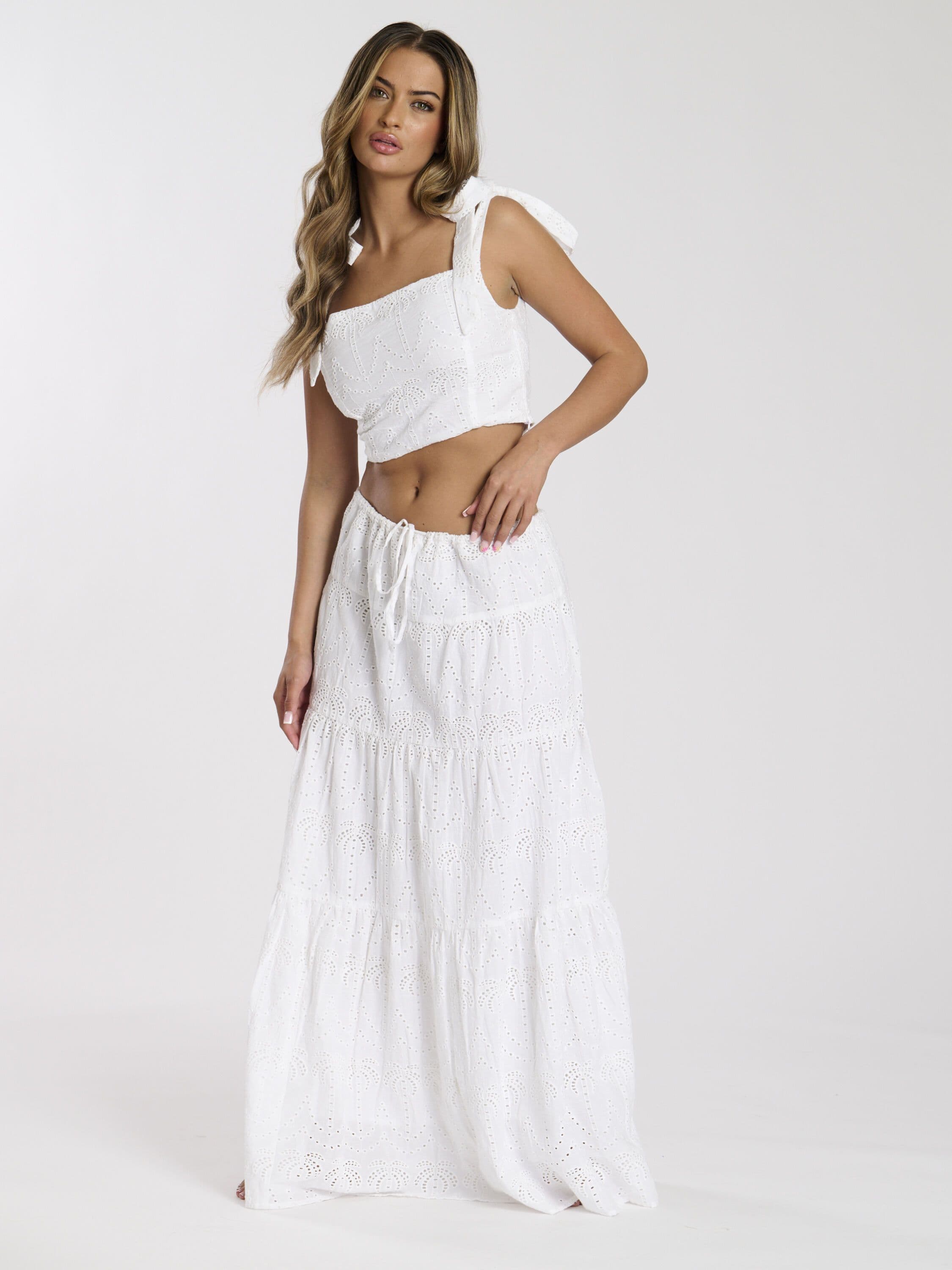 South Beach Women's Broderie Tie Shoulder Top in White