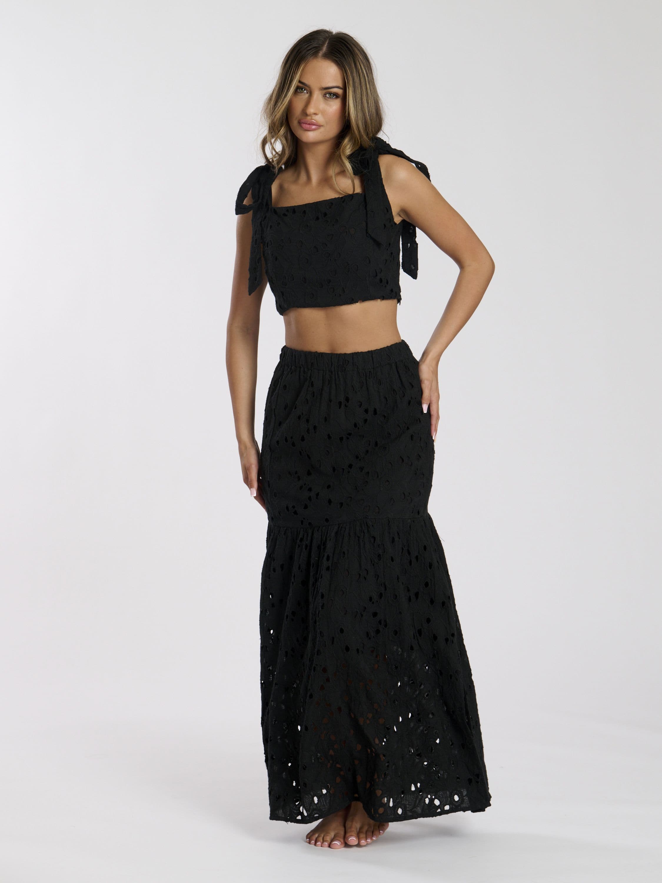 South Beach Women's Broderie Tie Shoulder Top in Black