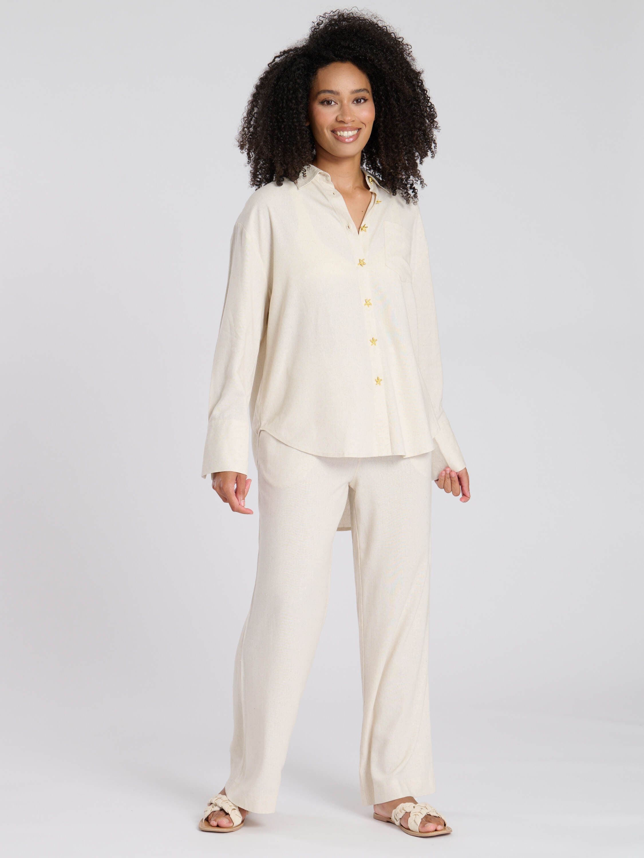 South Beach Women's Starfish Button Linen Blend Shirt in Beige