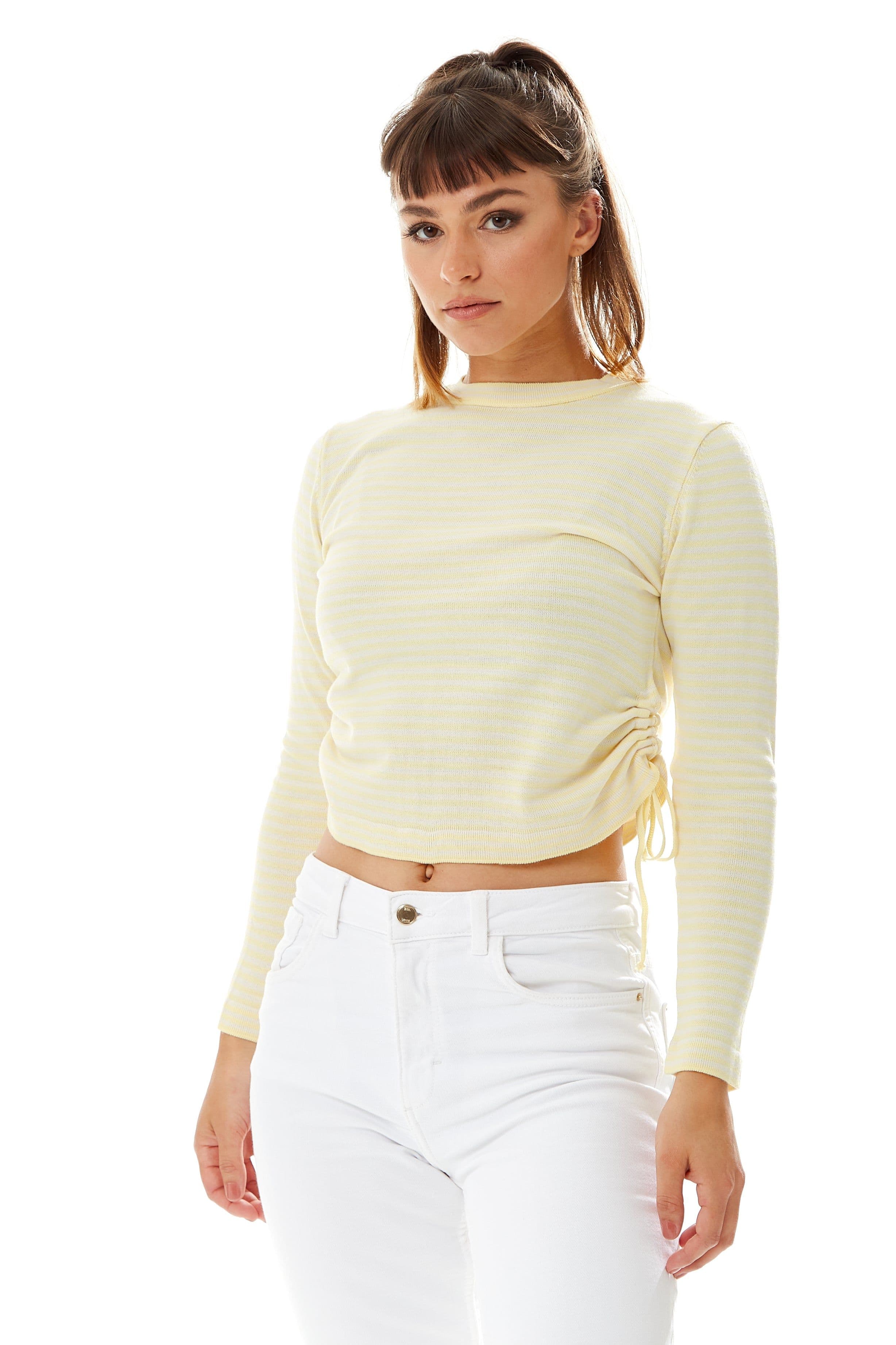 Liquorish Women's Top in Yellow & White Stripes with Long Sleeves