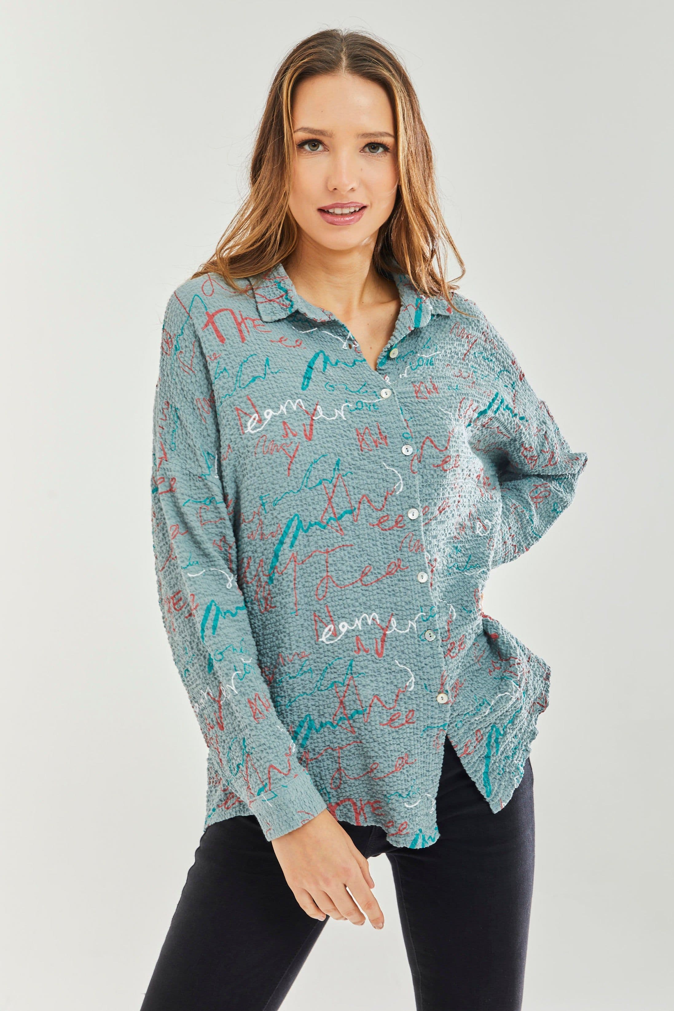 Liquorish Women's Shirt with Multicolour Signature Pattern in Mint in Green