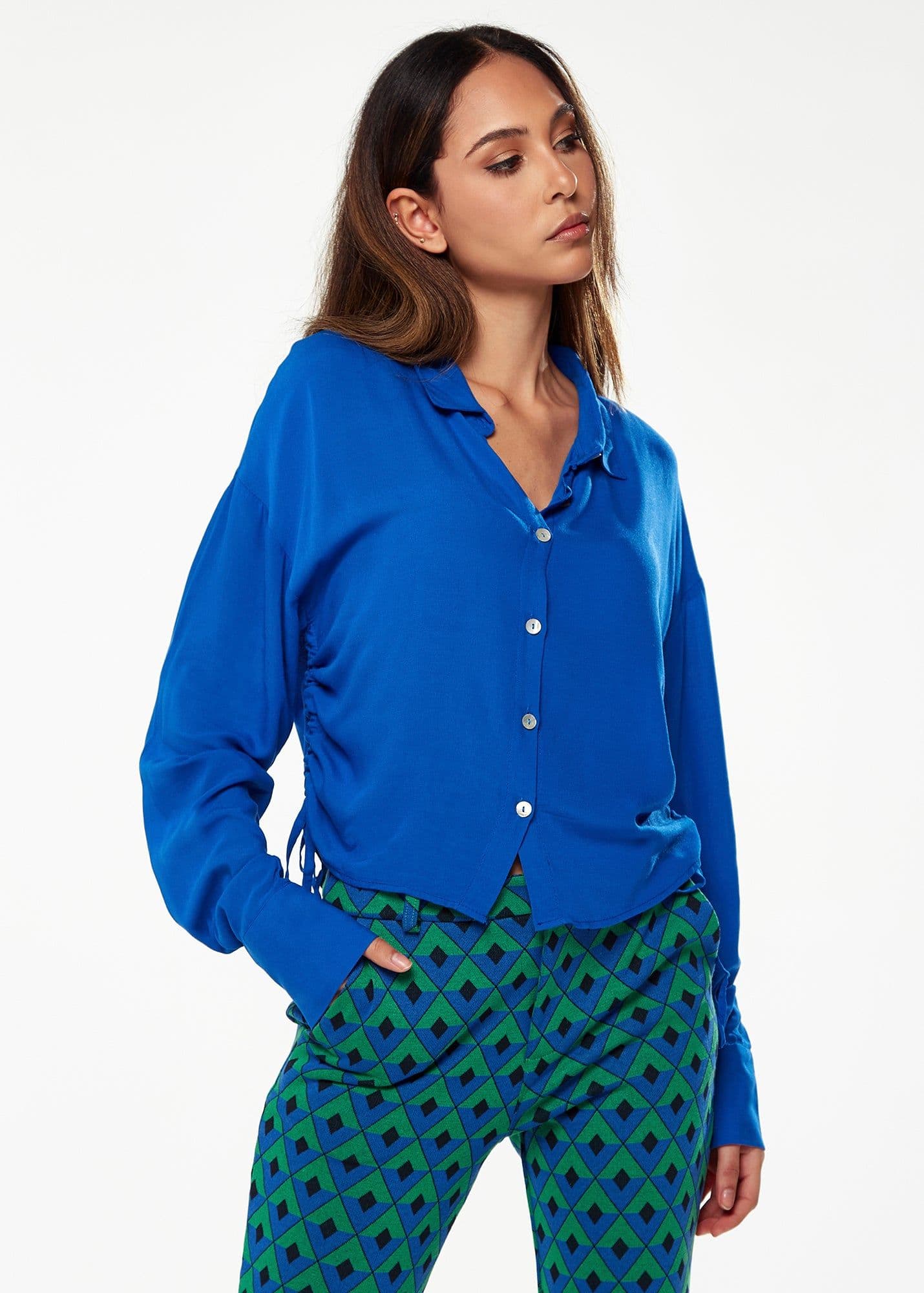 Liquorish Women's Shirt in Blue with Drawstring Detail on the Side