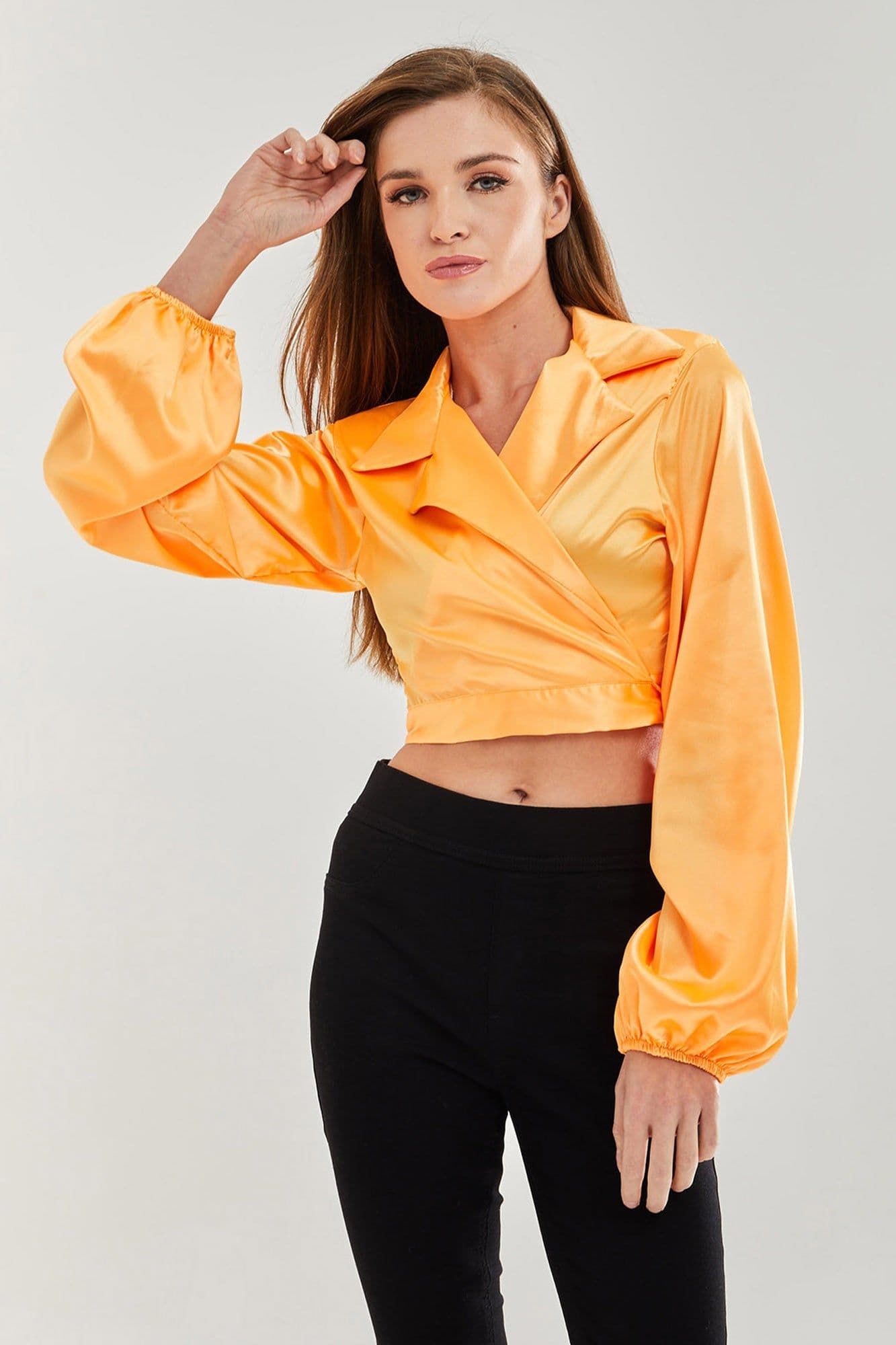 Liquorish Women's Satin Wrap Top in Orange