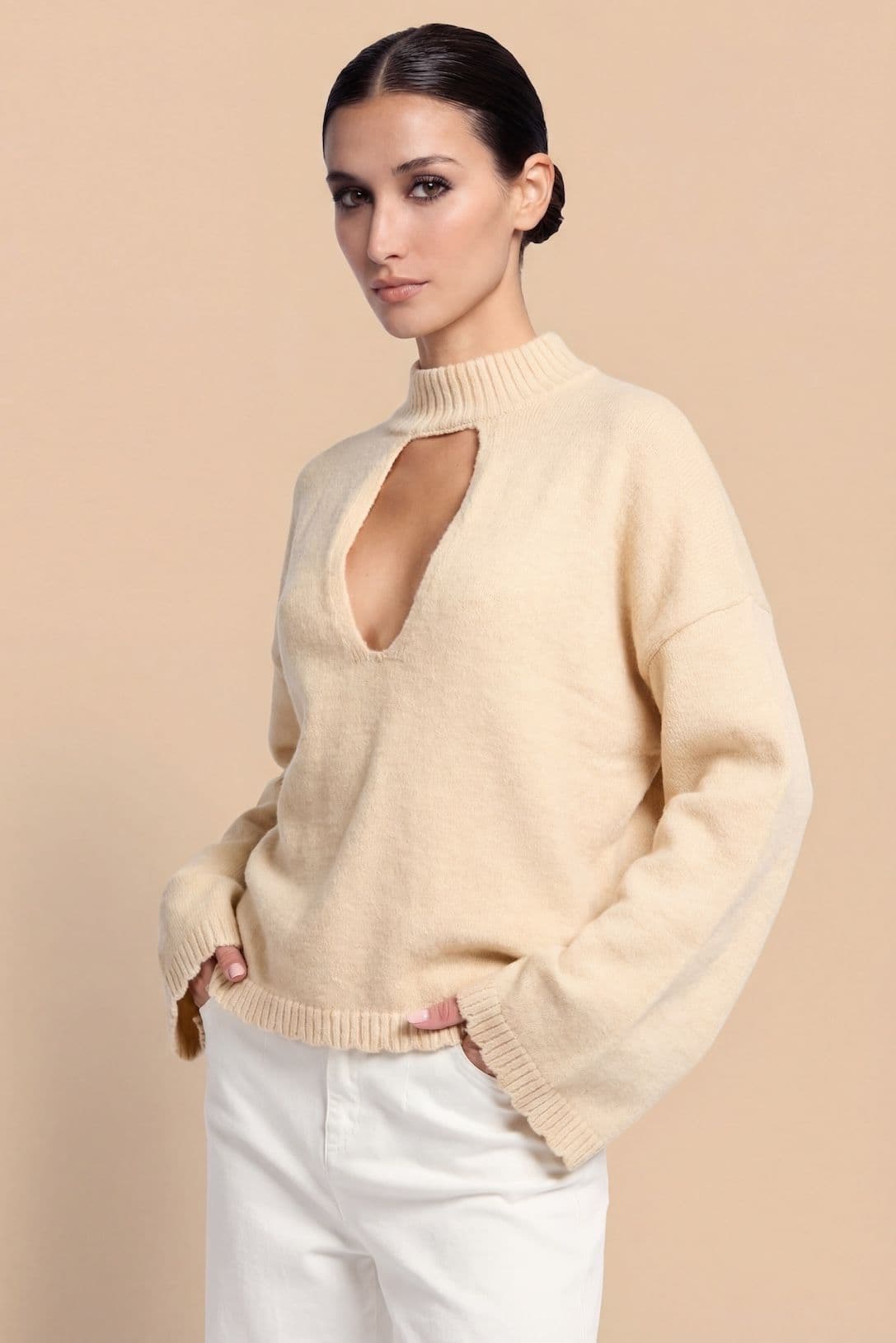Little Mistress Women's Oatmeal Knit Keyhole Top in Natural