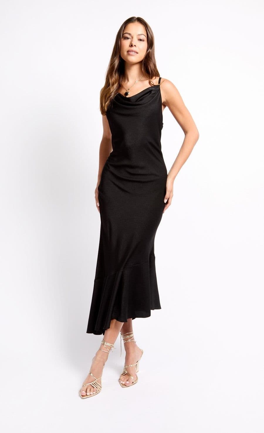 Little Mistress Women's iSKA Black Satin Asymmetric Hem Midaxi Dress