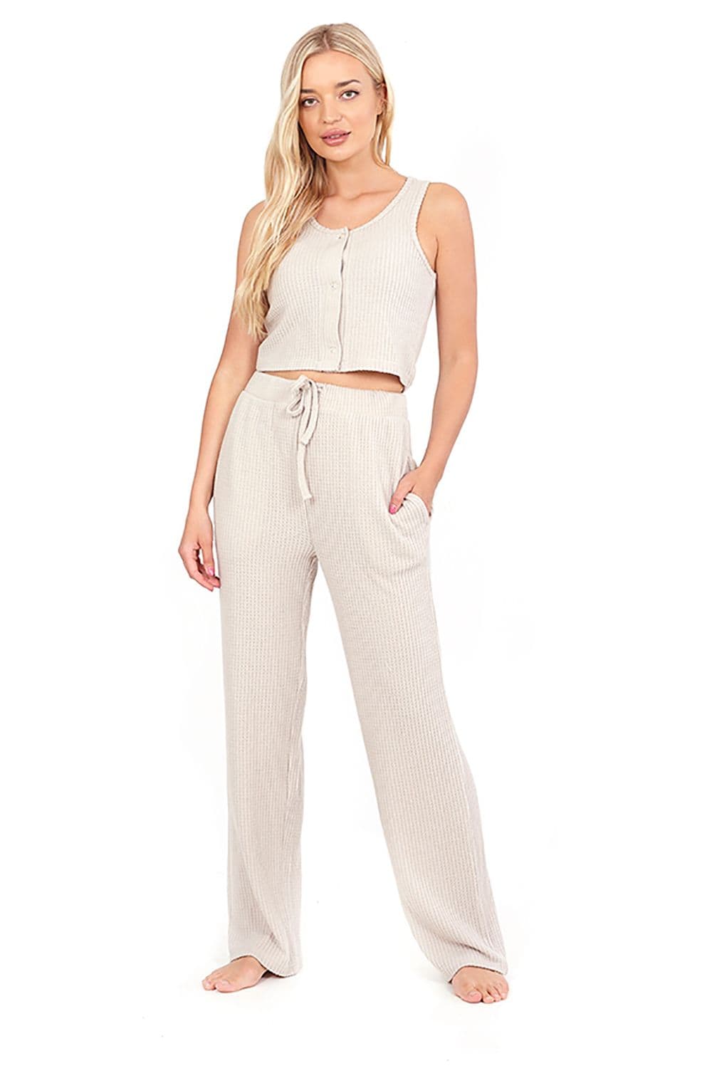 Brave Soul Women's Cropped Vest & Wide Leg Waffle Lounge Set in Natural