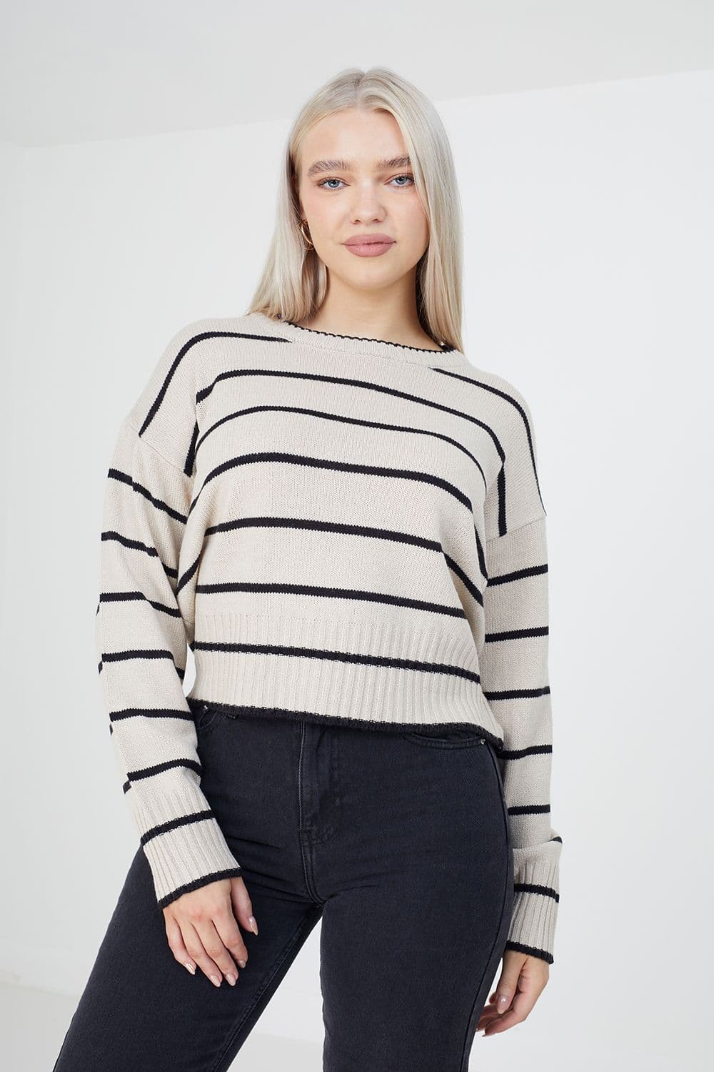Brave Soul Women's Fine Stripe Lightweight Knitted Jumper in Beige
