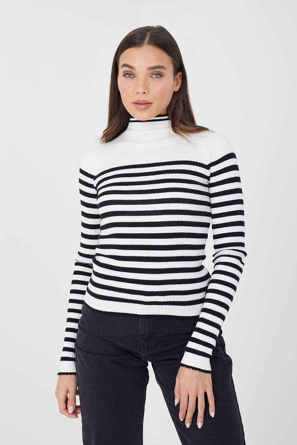 Brave Soul Women's Stripe Rib Turtleneck Jumper in Ivory