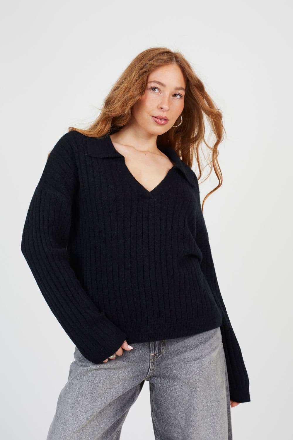 Brave Soul Women's Ribbed Trophy Neck Knited Jumper in Black