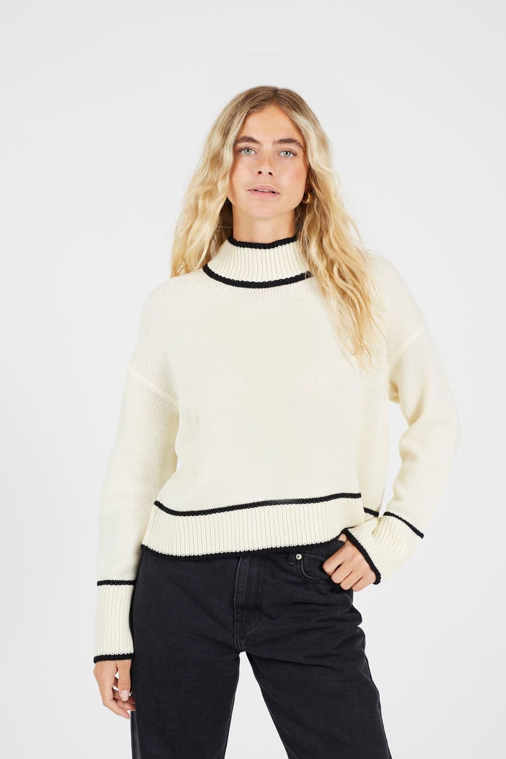 Brave Soul Women's Turtleneck Knitted Jumper with Contrast Trim in Cream