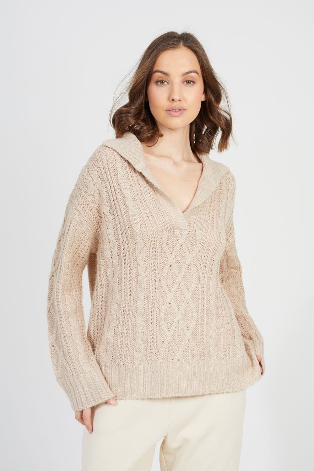 Brave Soul Women's V-Neck Cable Knit Jumper in Stone