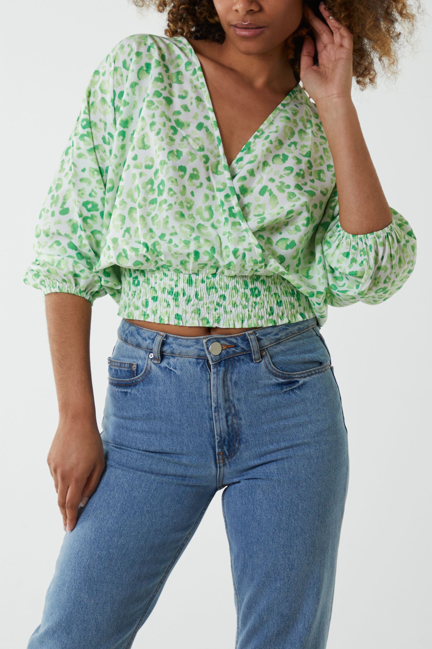Blue Vanilla Women's Elasticated Sleeve Wrap Front Elastic Hem Top in Green