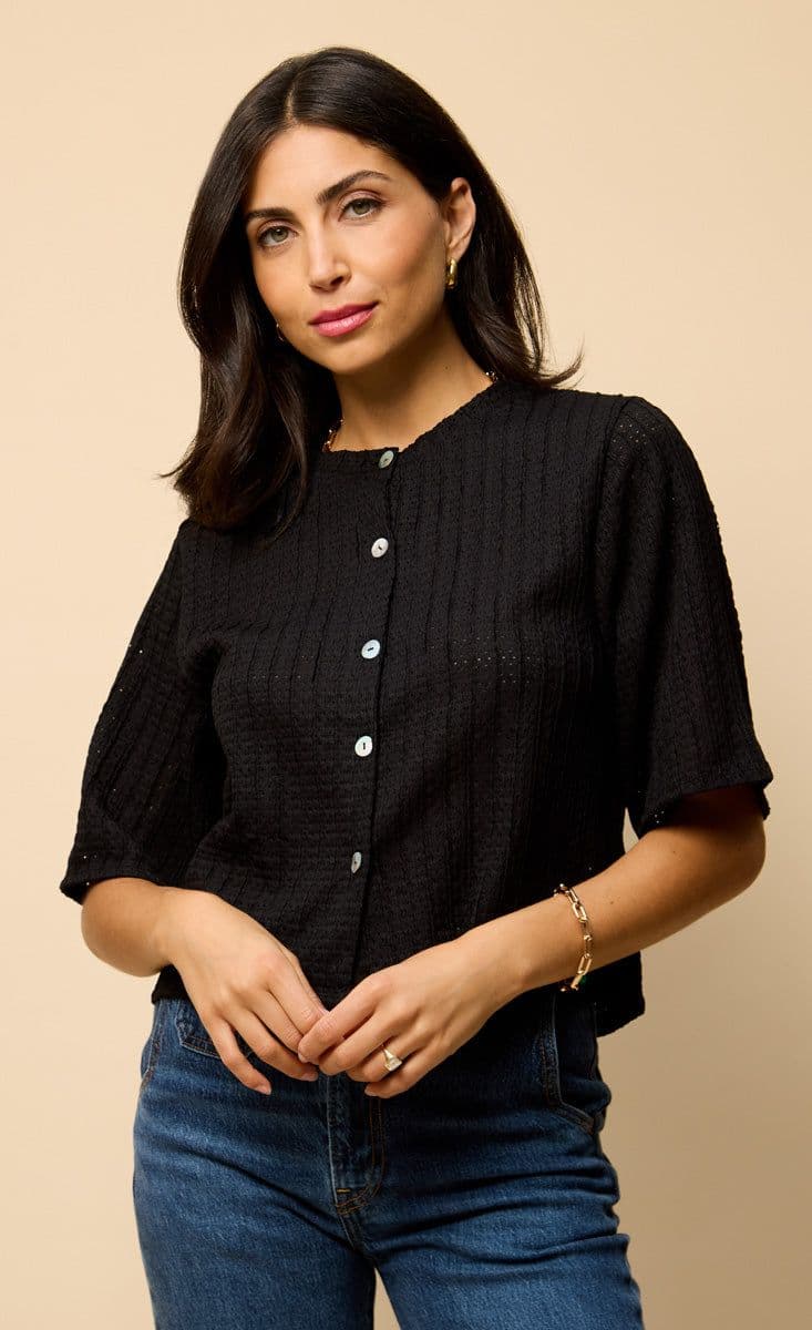 Little Mistress Women's Black Knitted Button Down Top