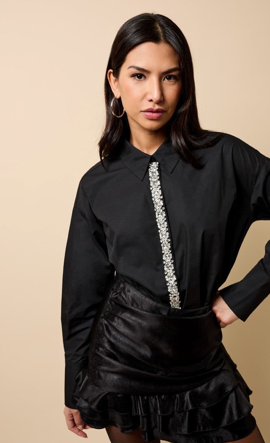 Little Mistress Women's Black Embelished Trim Detail Shirt