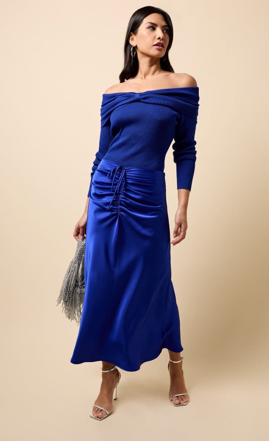 Little Mistress Women's Cobalt Blue Gathered Detail Satin Midaxi Skirt