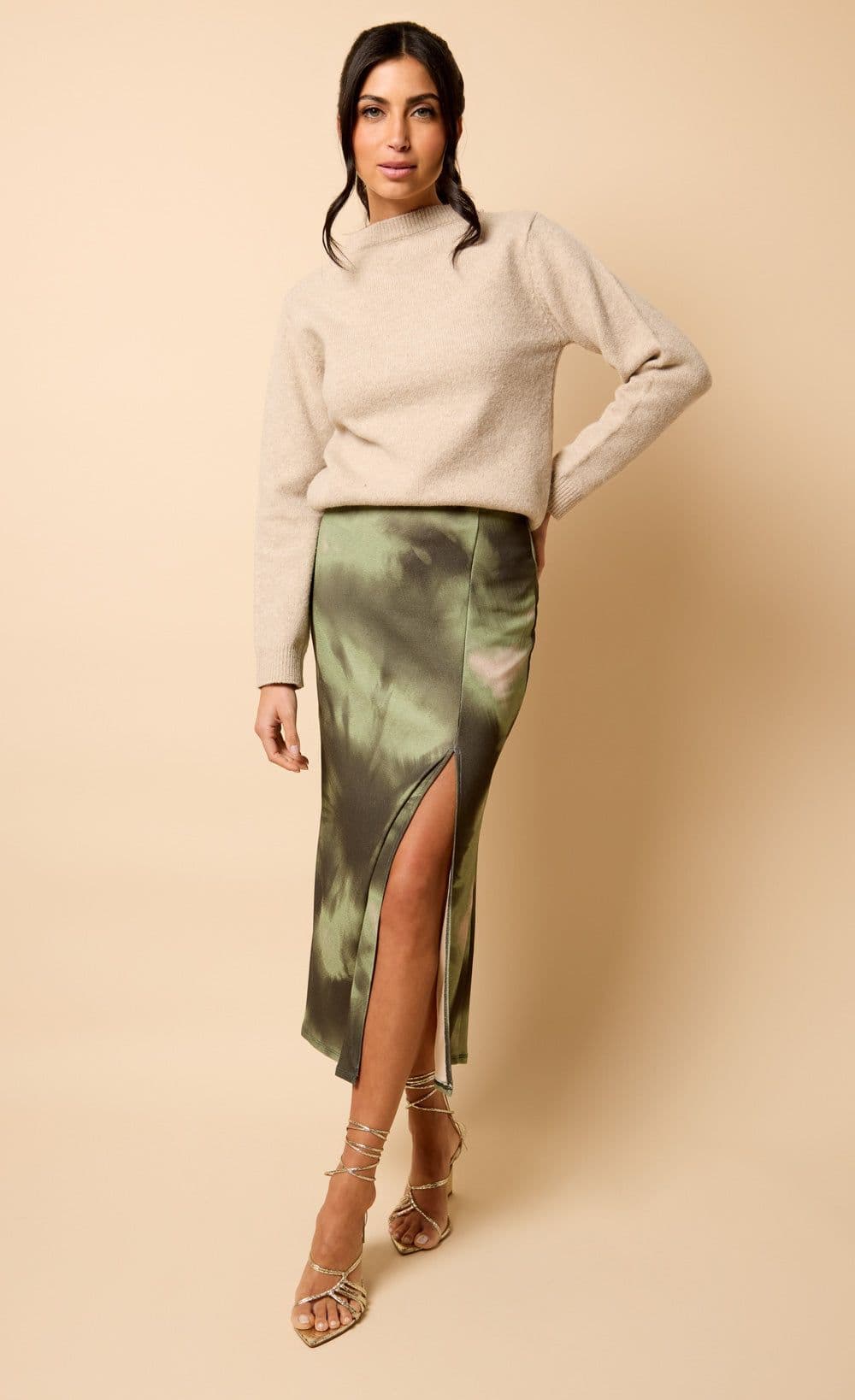 Little Mistress Women's Khaki Print Midaxi Skirt