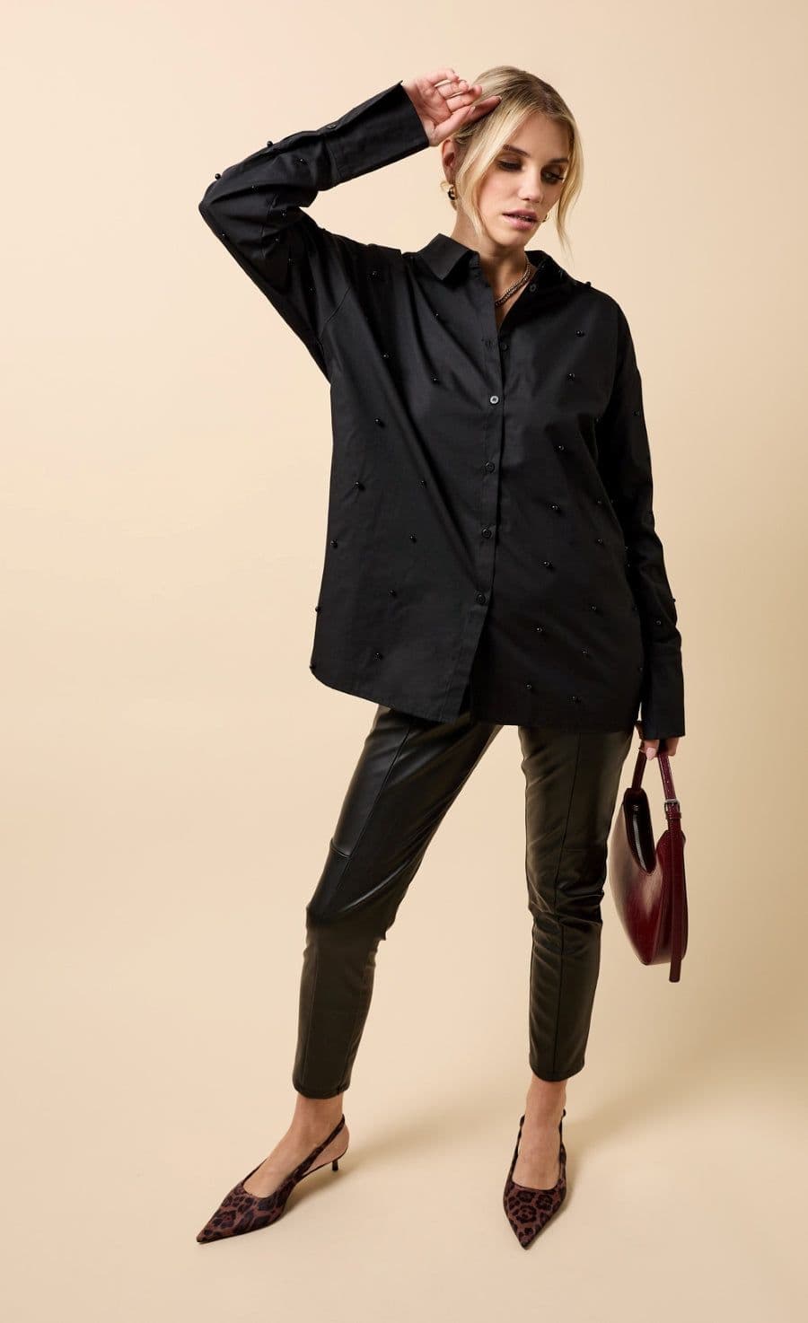 Little Mistress Women's Black Cotton Pearl Embelished Shirt