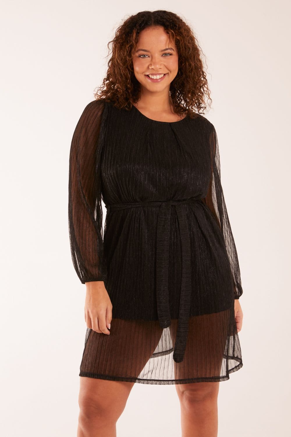 Blue Vanilla Women's Metallic Plisse Belted Dress in Black