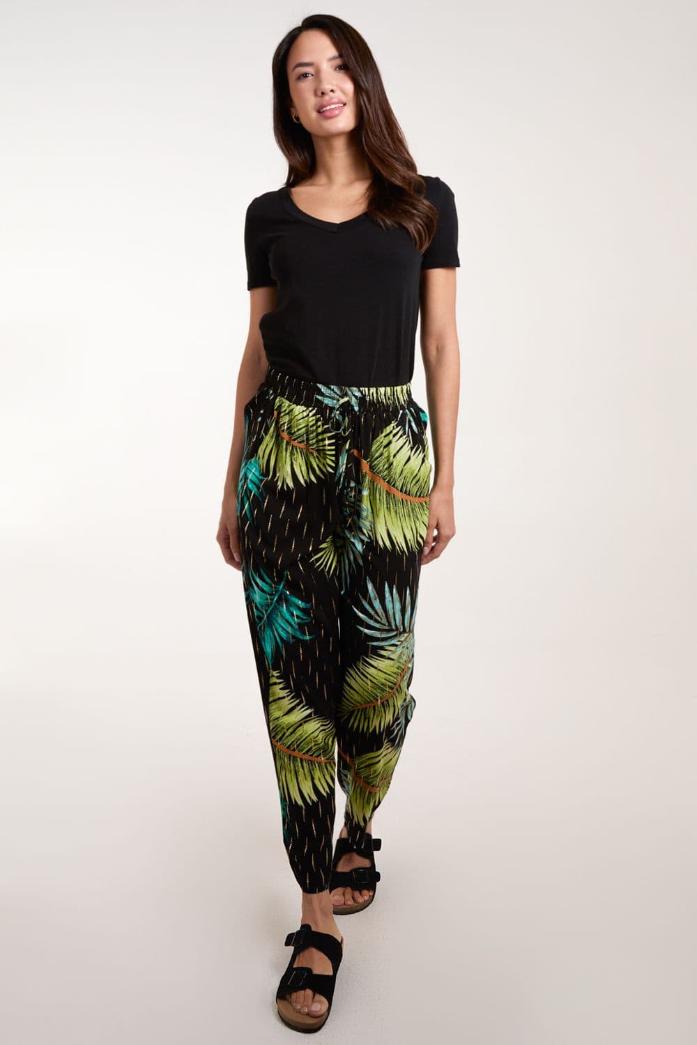 Blue Vanilla Women's Palm Print Trousers in Black