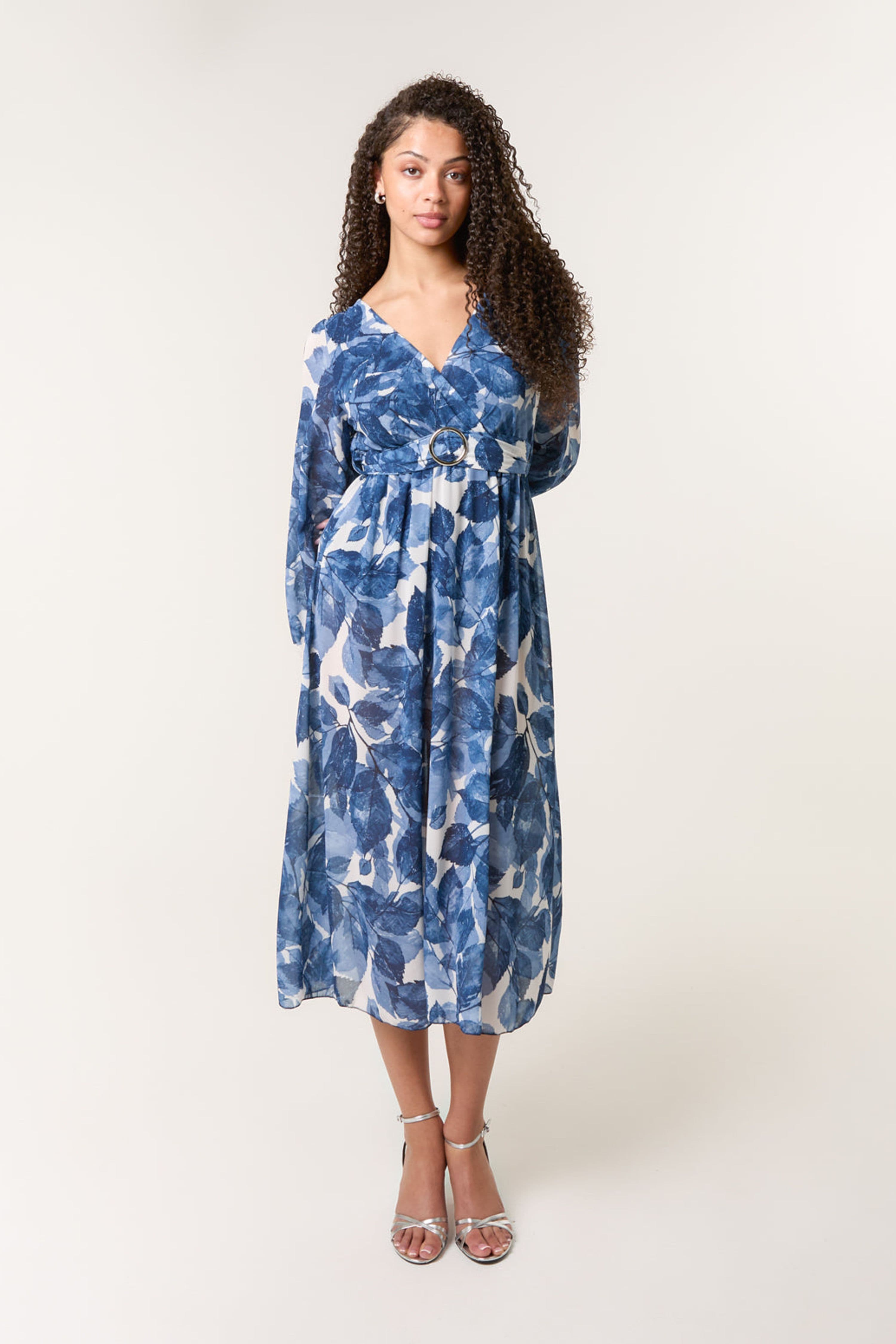 Blue Vanilla Women's Elasticated Waist Navy Long Sleeve Slip On V-neck Midi Dress