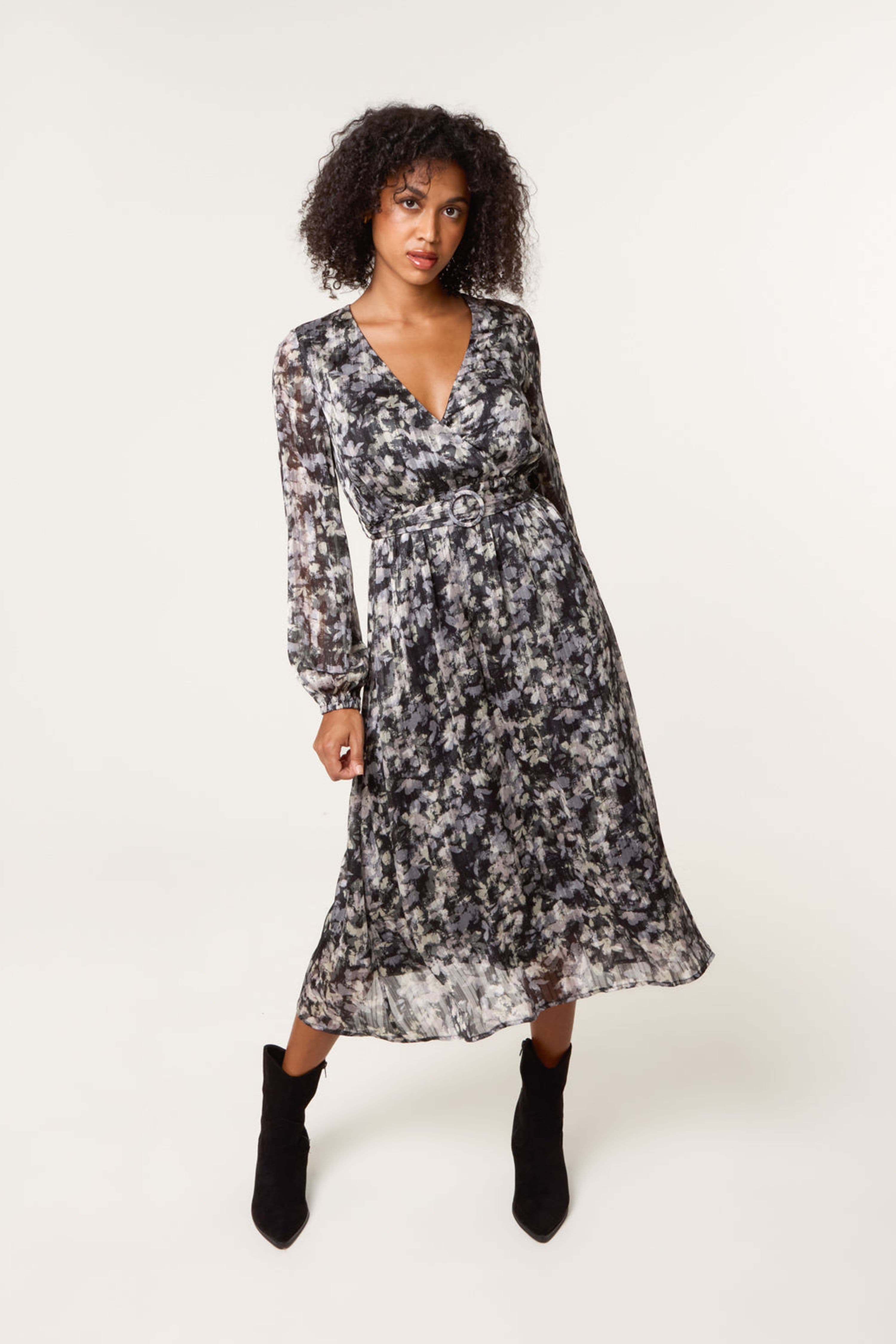 Blue Vanilla Women's Elasticated Waist Black Long Sleeve Slip On V-neck Midi Dress