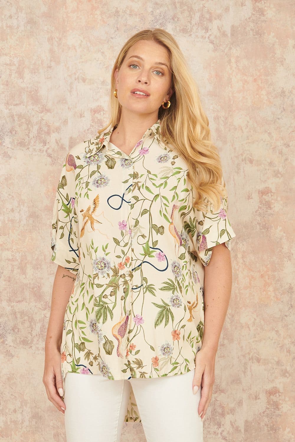 Yumi Women's Beige Relaxed Fit Shirt With Botanical Print