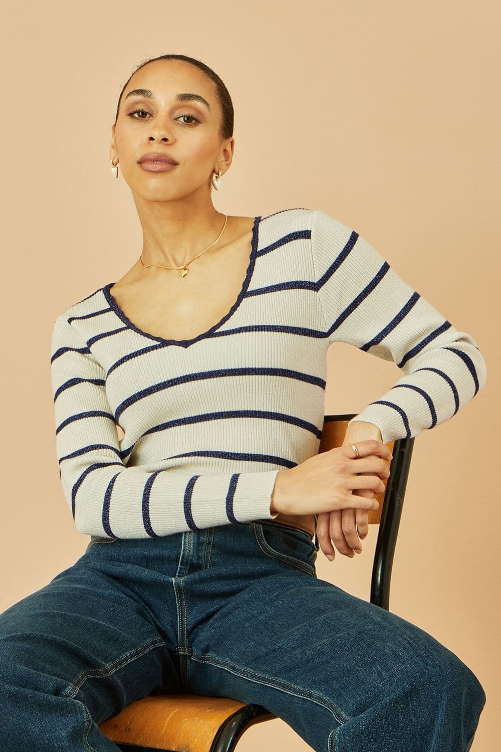 Yumi Women's White Metallic Stripe Knitted Ribbed Top in Ivory