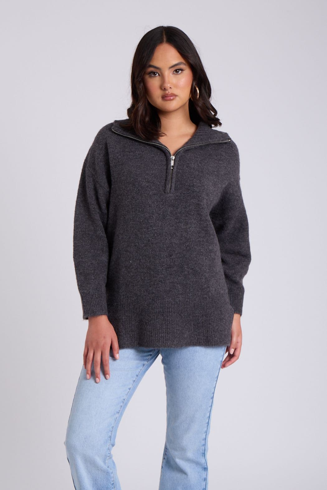 Urban Bliss Women's Oversized Half Zip Jumper in Mid Grey