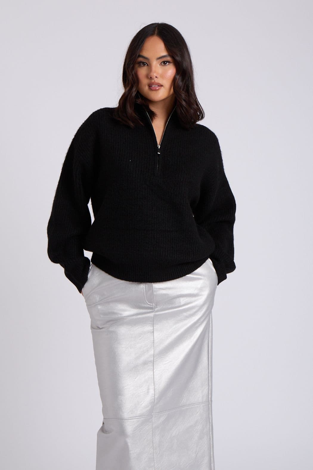 Urban Bliss Women's Ribbed Oversized Half Zip Jumper in Black