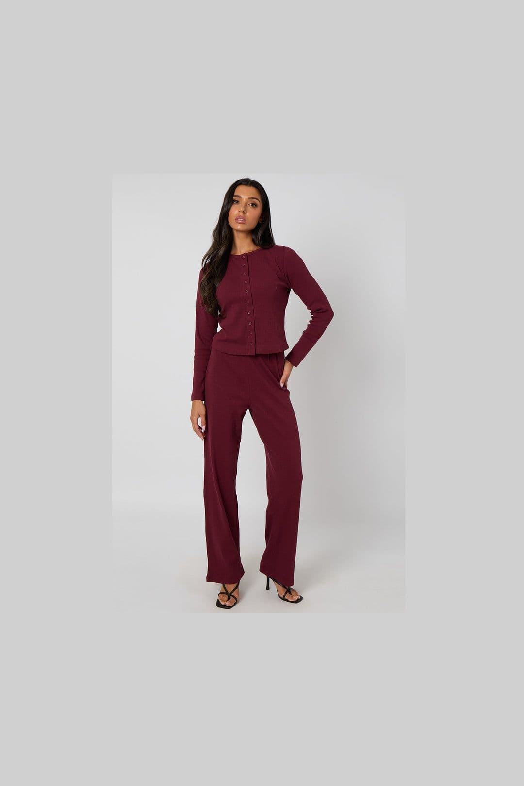 Urban Bliss Women's Ribbed Wide Leg Trouser in Burgundy