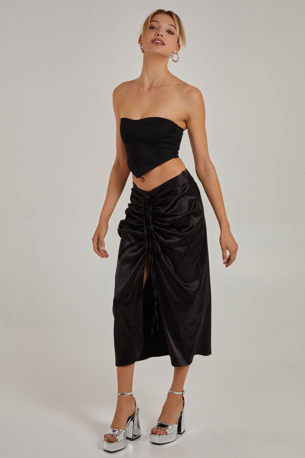 Pink Vanilla Women's Ruched Midi Skirt With Tie in Black